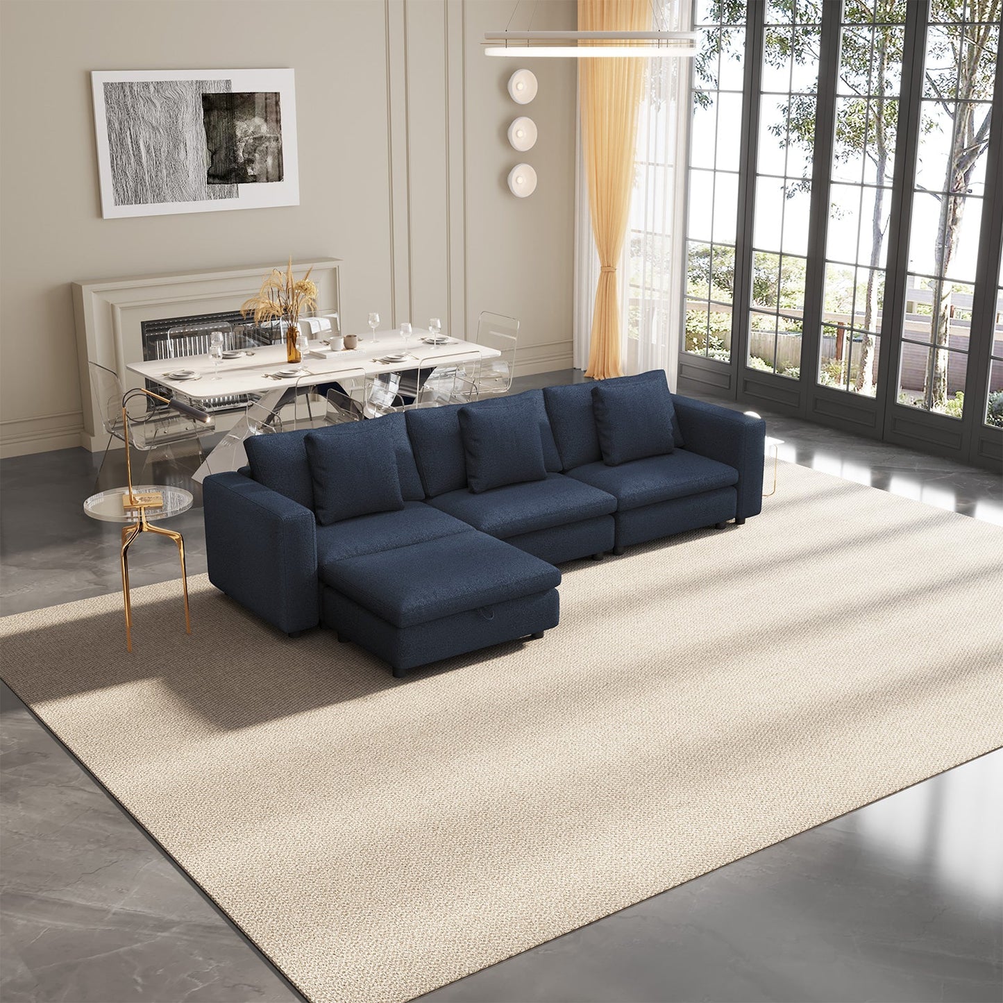 Guyii Oversized Sectional Sofa with Storage Ottoman, 4-9 Deep Seat Modular Couch for Living Room, Blue Fabric