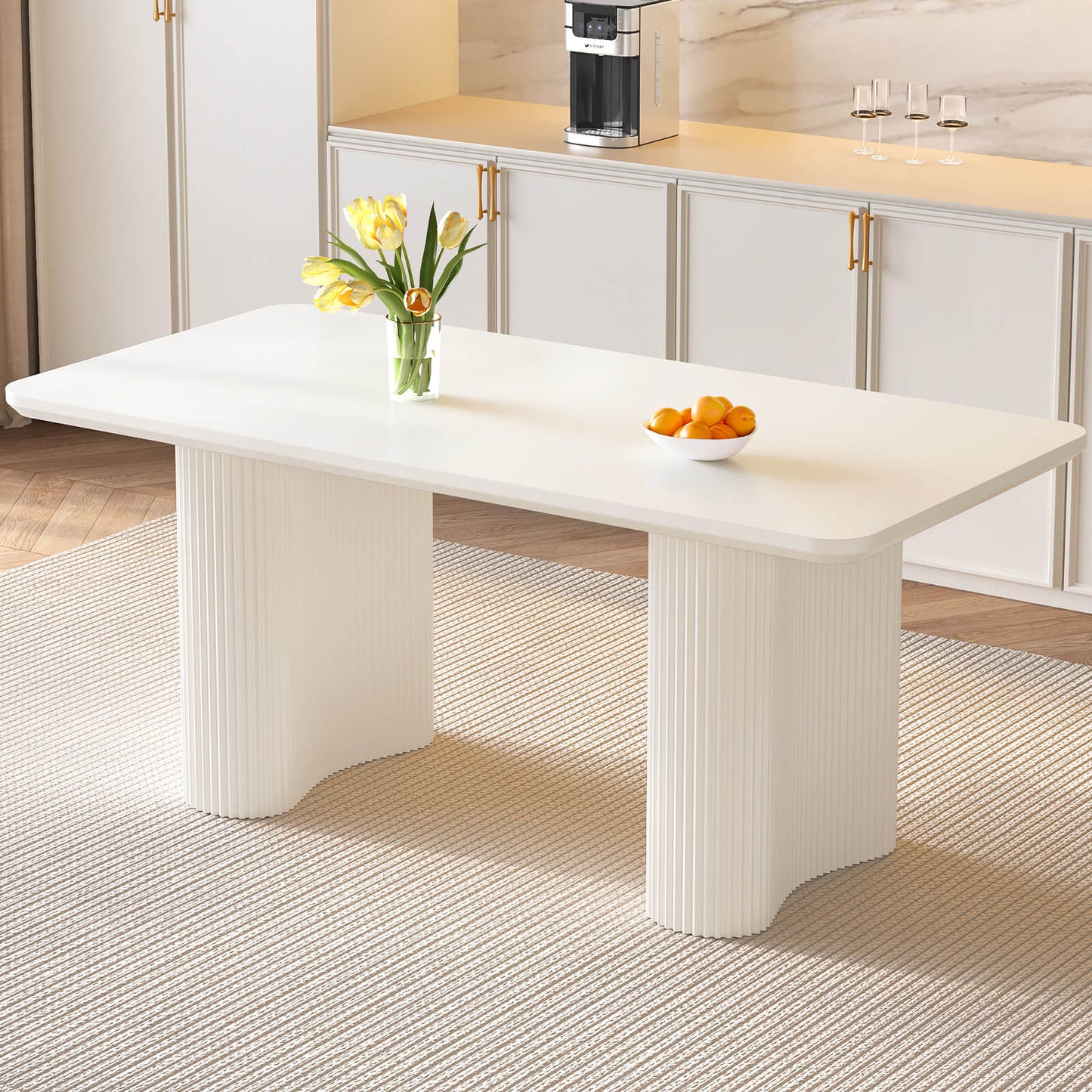 Guyii White Dining Table Set, Modern Rectangular Kitchen Table with 4-8 Chairs
