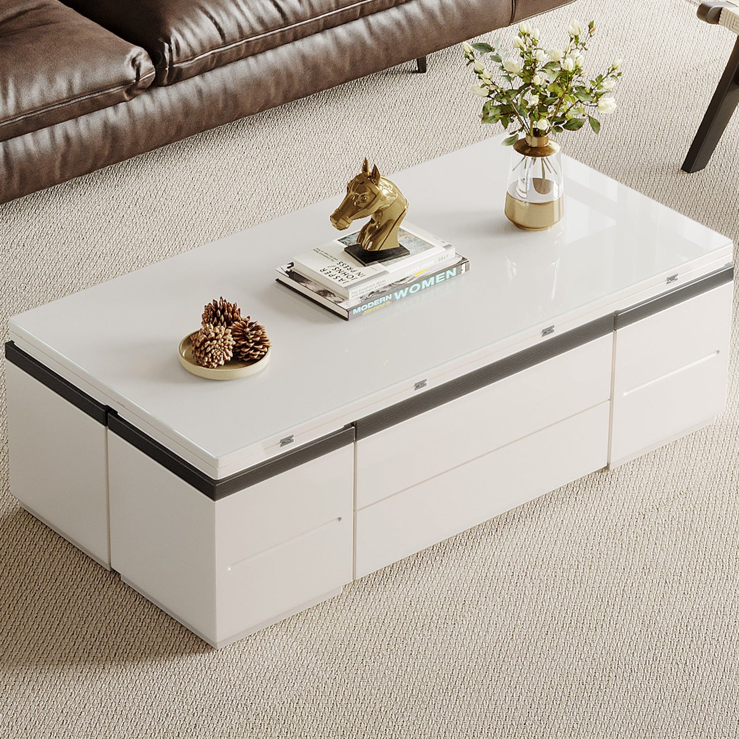 Guyii Extendable Coffee Table with 4 Storage Stools, Multifunctional Lift Top Folding Dining Table for Living Room|G520-UK