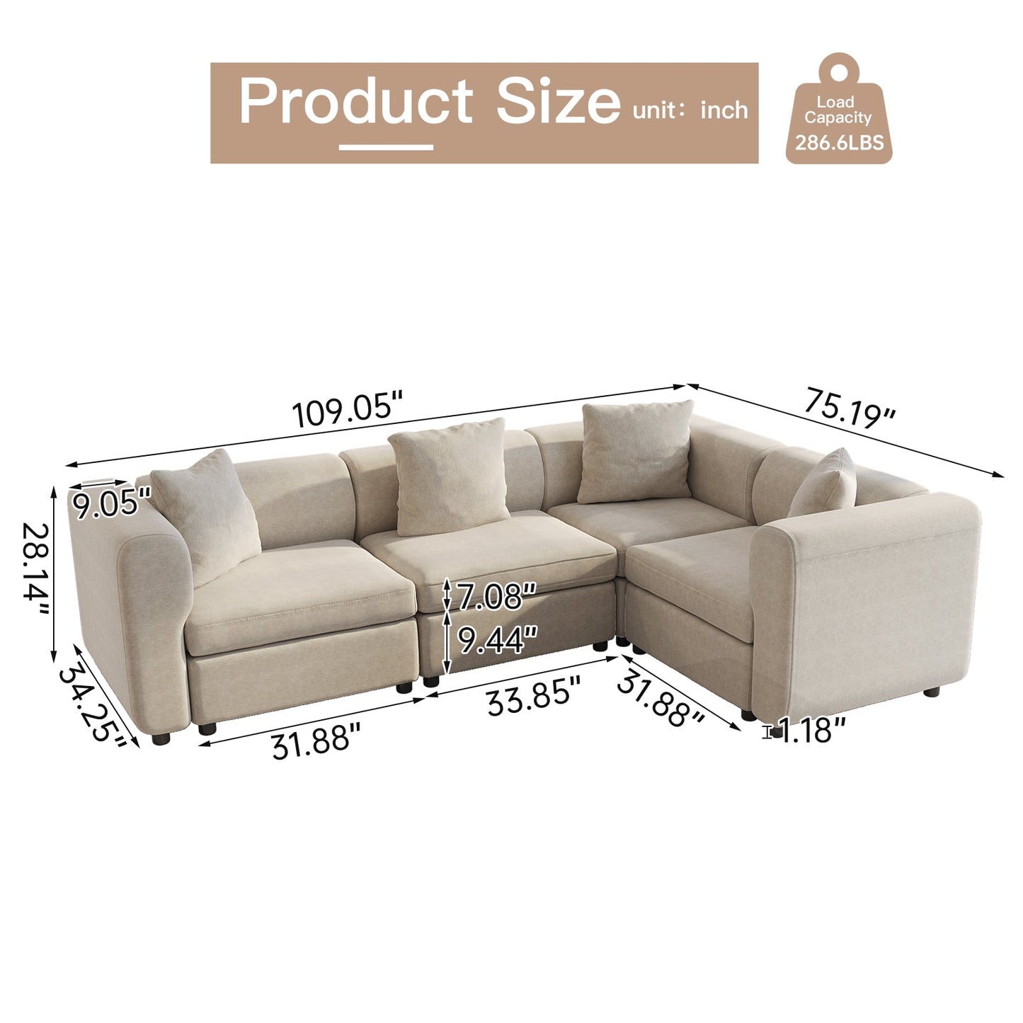 Guyii 4-9 Piece Velvet Sectional Sofa Couch, Convertible Sofa with Cushions