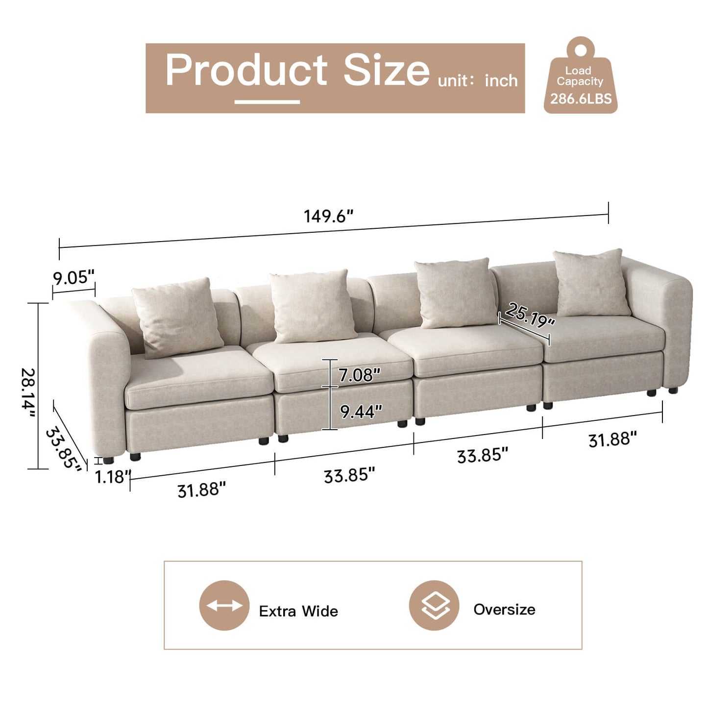 Guyii Velvet Sectional Sofa, Modern Oversized 4-Seat Sofa with 4 Pillows