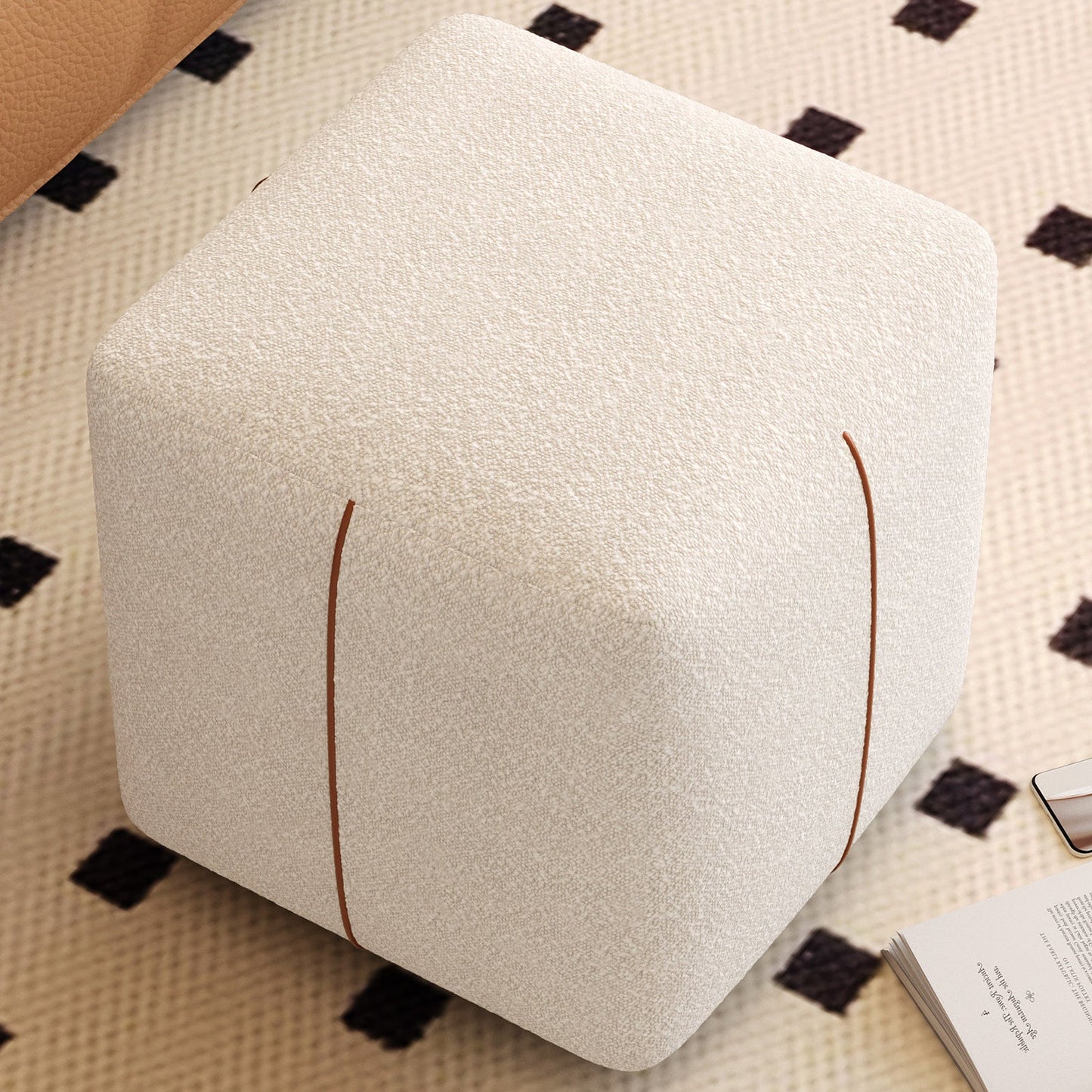 Guyii Beige Square Stool – Modern Upholstered Low Ottoman for Bedroom, Living Room, Entryway