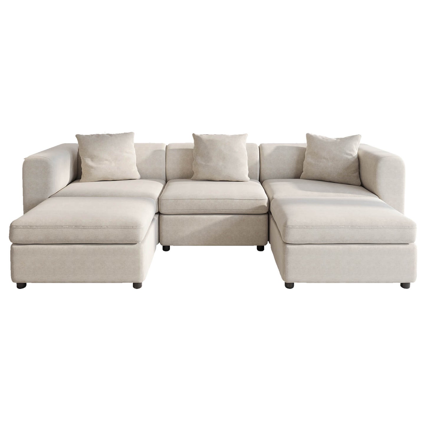 Guyii Beige Velvet Sectional Sofa, Modern Oversized 5-Seater Couch with 3 Pillows and 2 Storage Ottomans