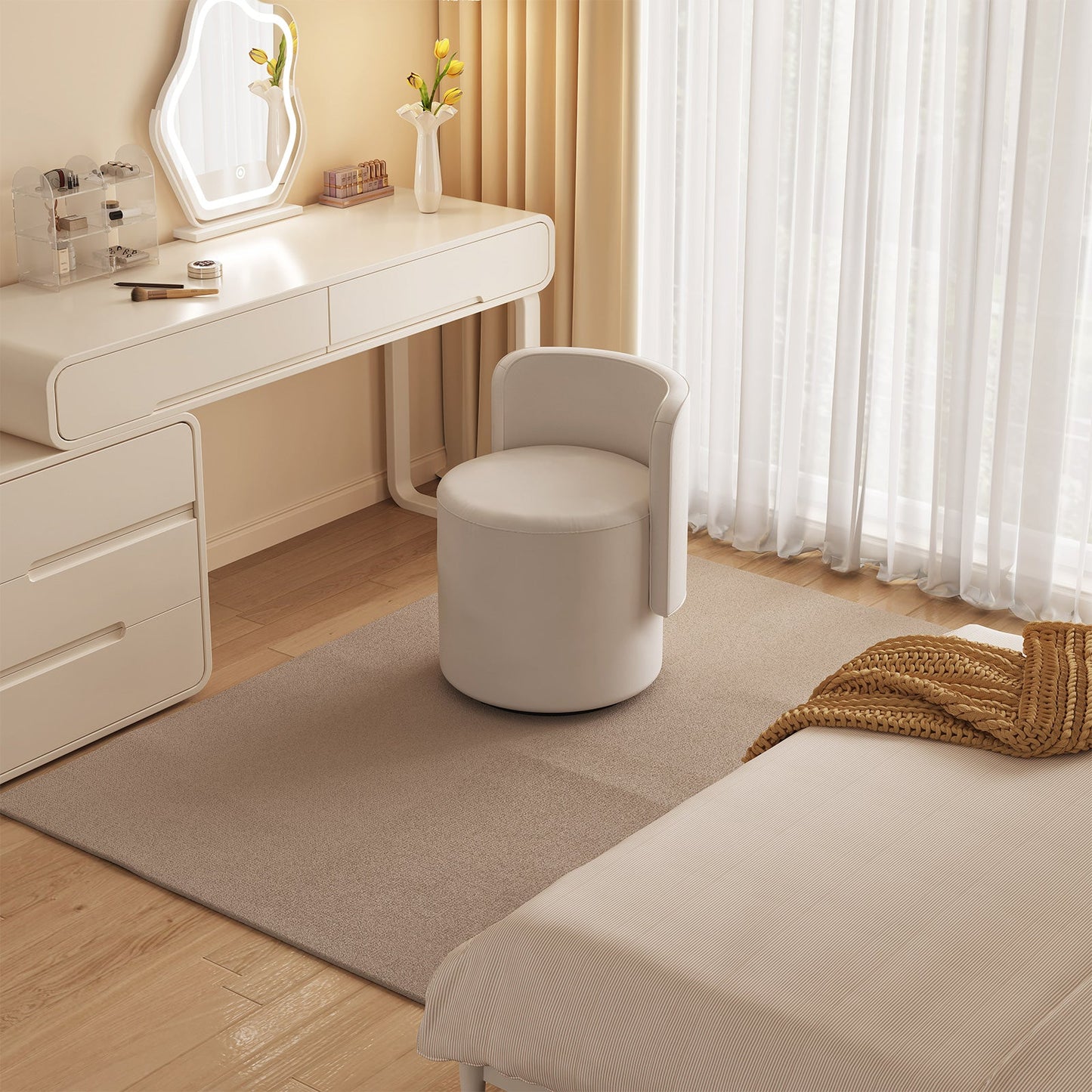Guyii Cream White Rotating Ottoman Stool with Curved Backrest, Vanity Chair, Adjustable Makeup Pouf Seat for Living Room & Bedroom
