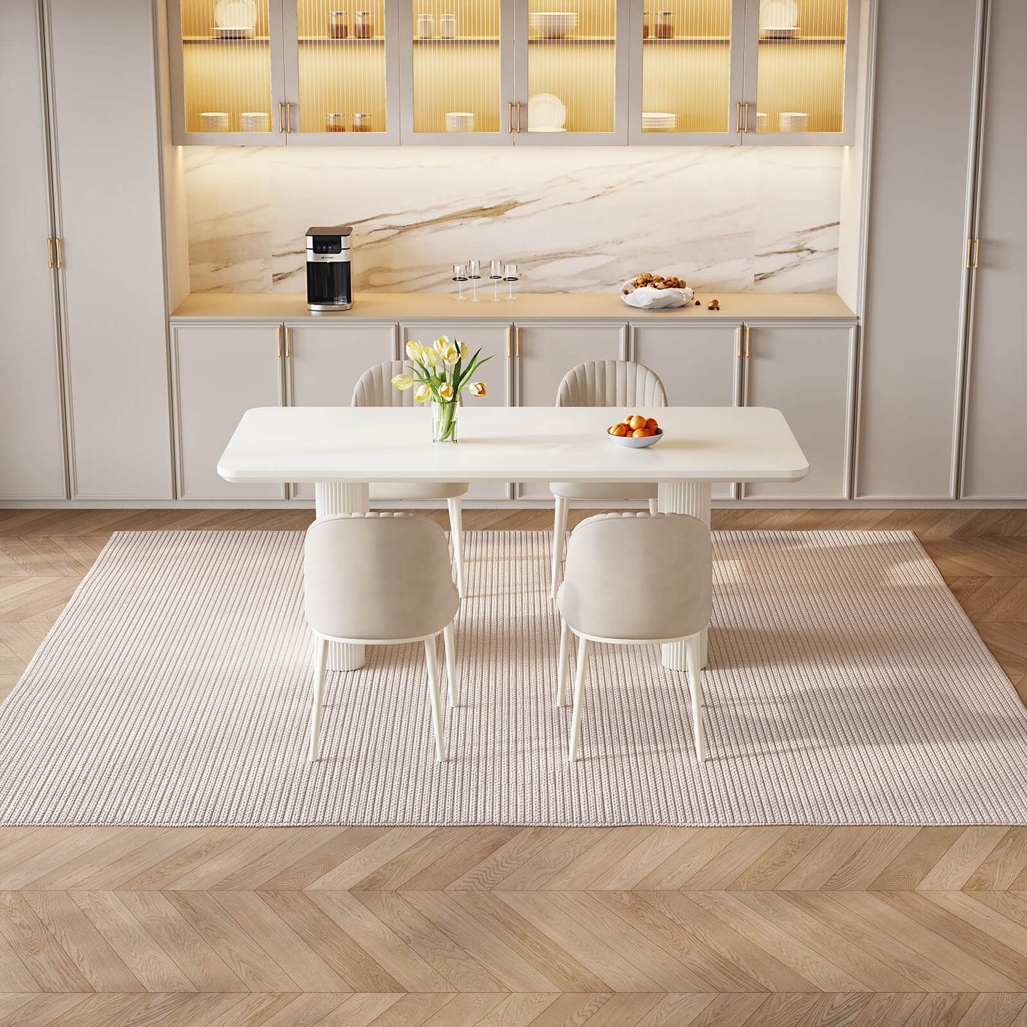 Guyii 62.99" White Rectangular Dining Table Set with 4 Chairs, Modern Kitchen Table Set