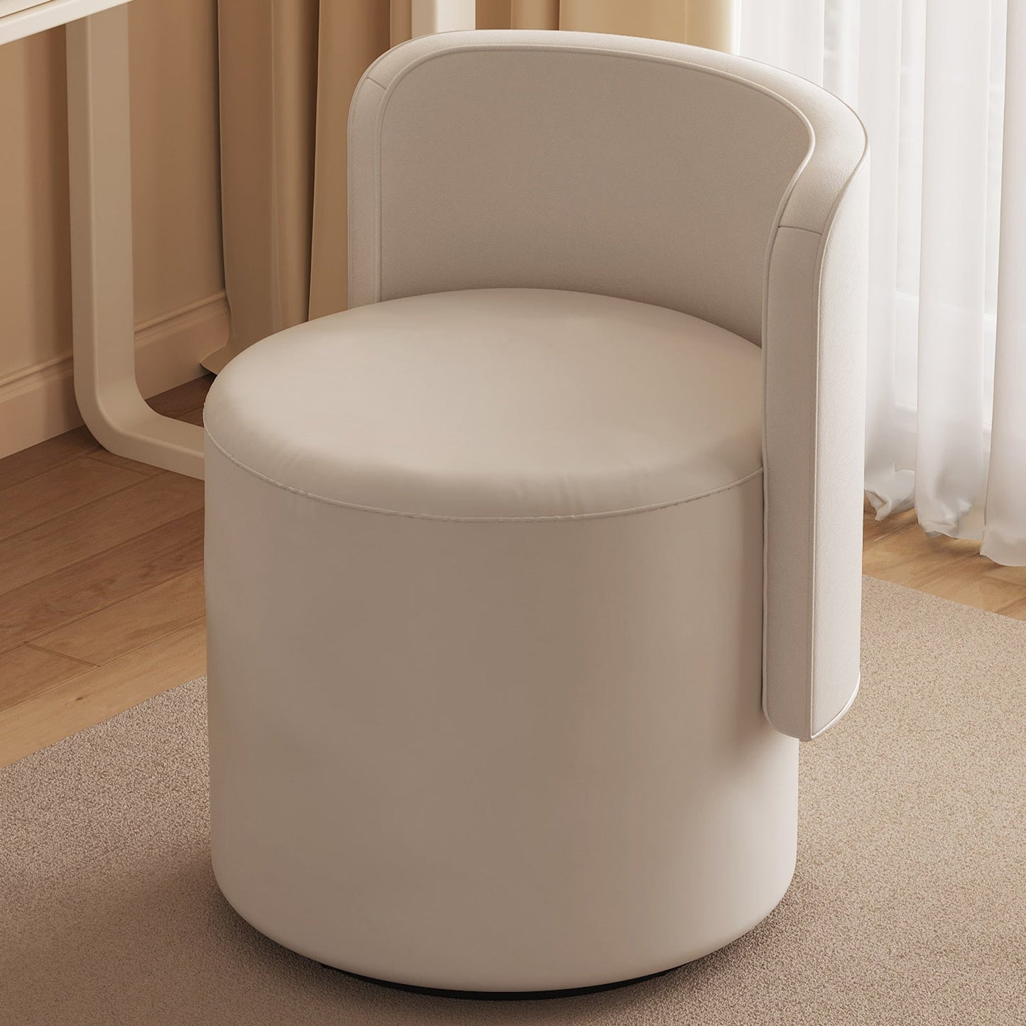 Guyii Cream White Rotating Ottoman Stool with Curved Backrest, Vanity Chair, Adjustable Makeup Pouf Seat for Living Room & Bedroom
