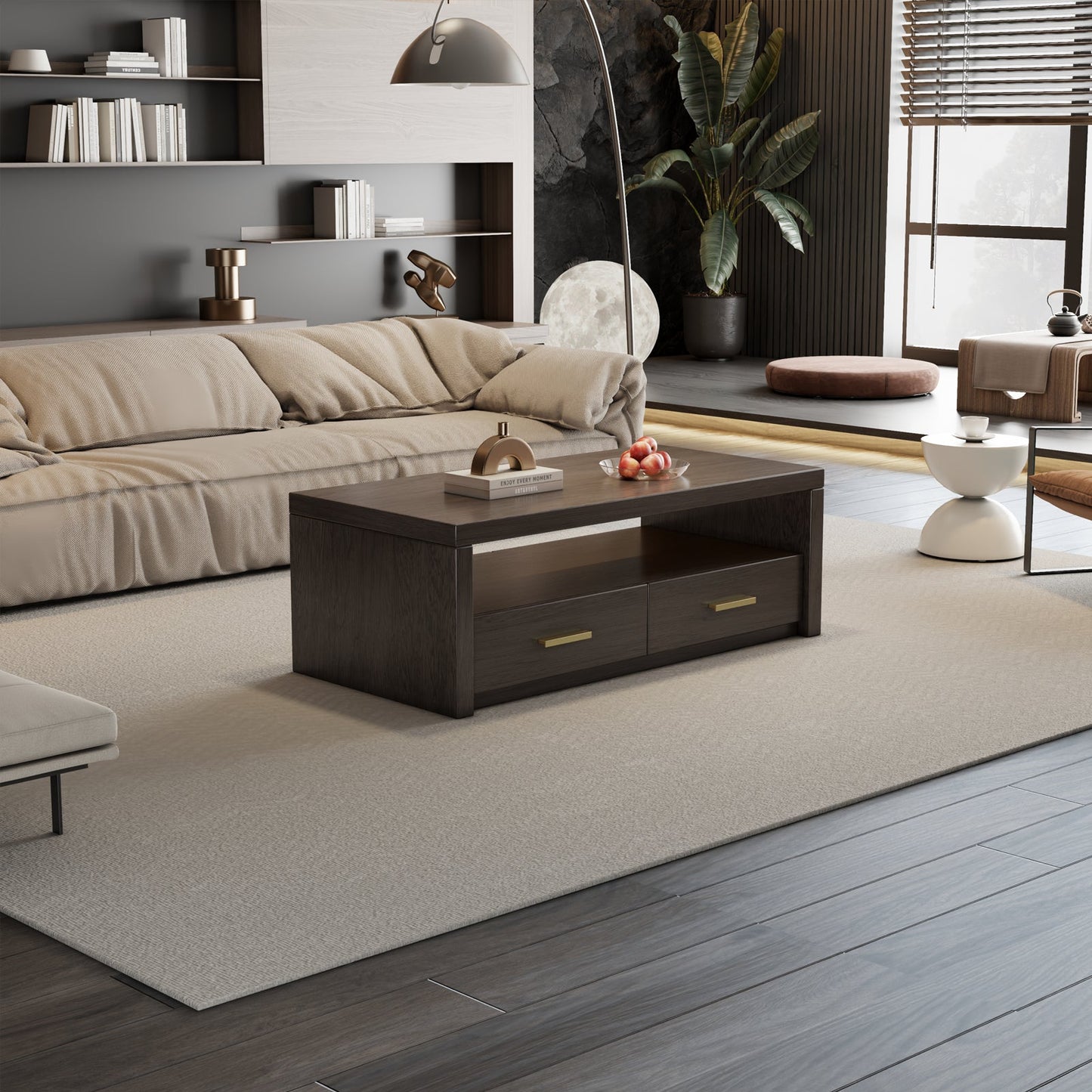 Guyii Walnut Brown Coffee Table with Storage, 47", 2 Drawers & Open Shelf