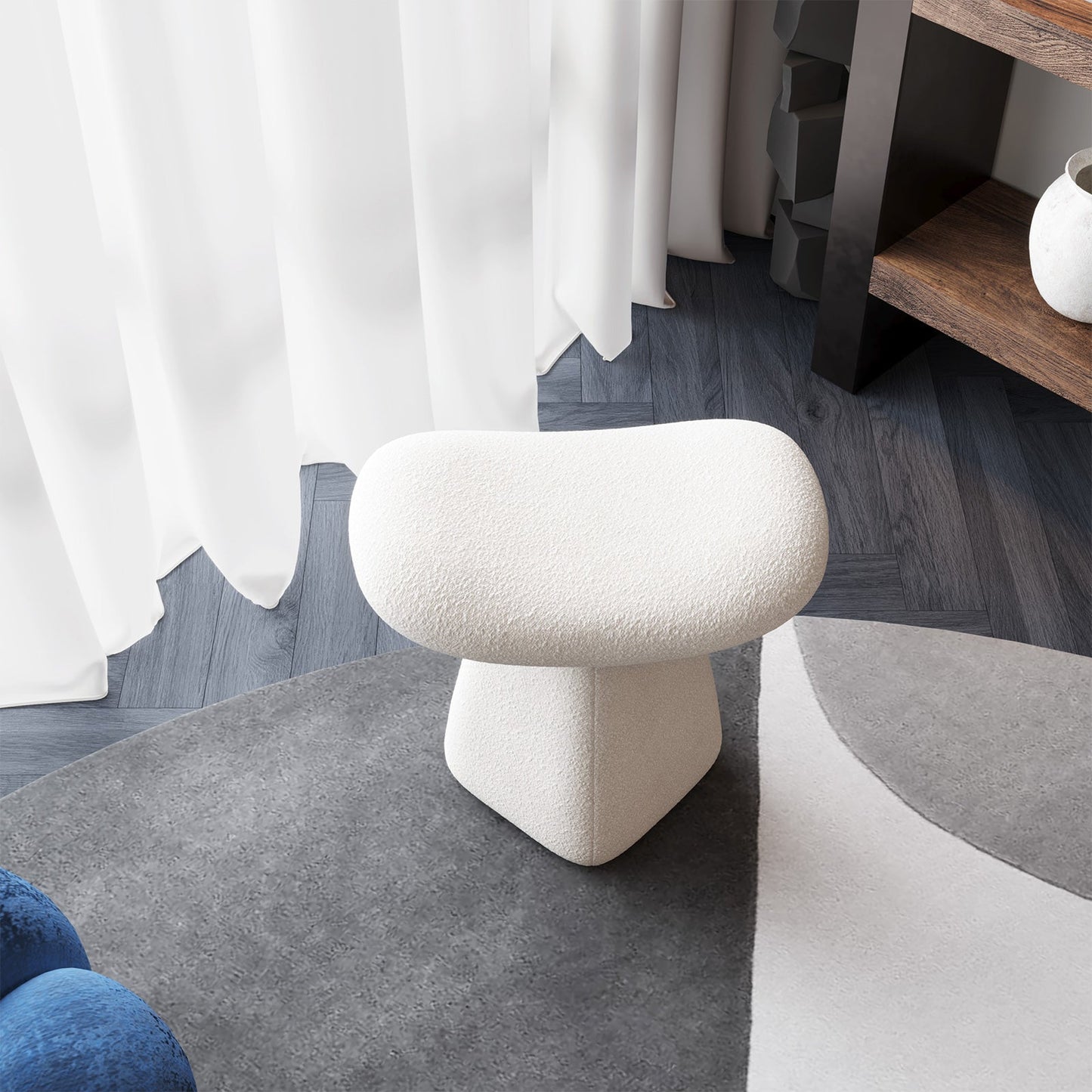 Guyii Boucle Curved Saddle Makeup Stool, Modern Footrest for Dressing Table, Entryway, Living Room