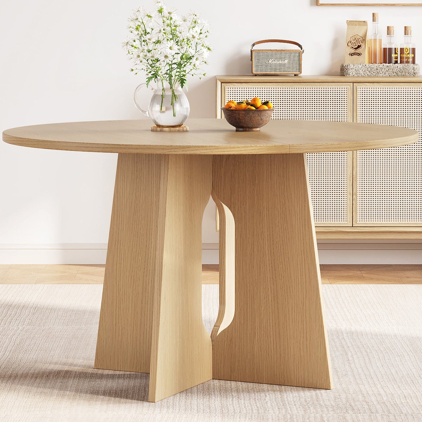 Guyii wood color round dining table for 4 people with X-shaped legs for restaurant breakfast nook
