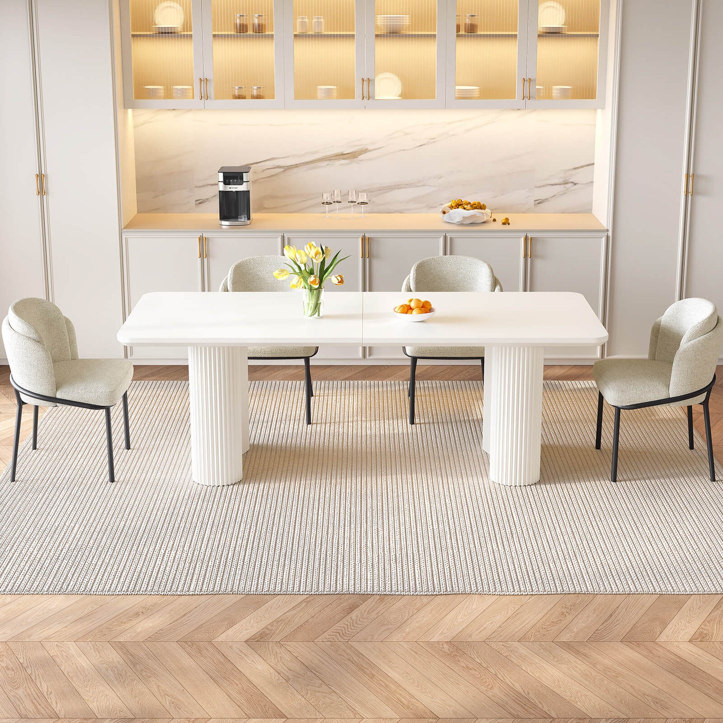 Guyii White Dining Table Set, Modern Rectangular Kitchen Table with 4-8 Chairs