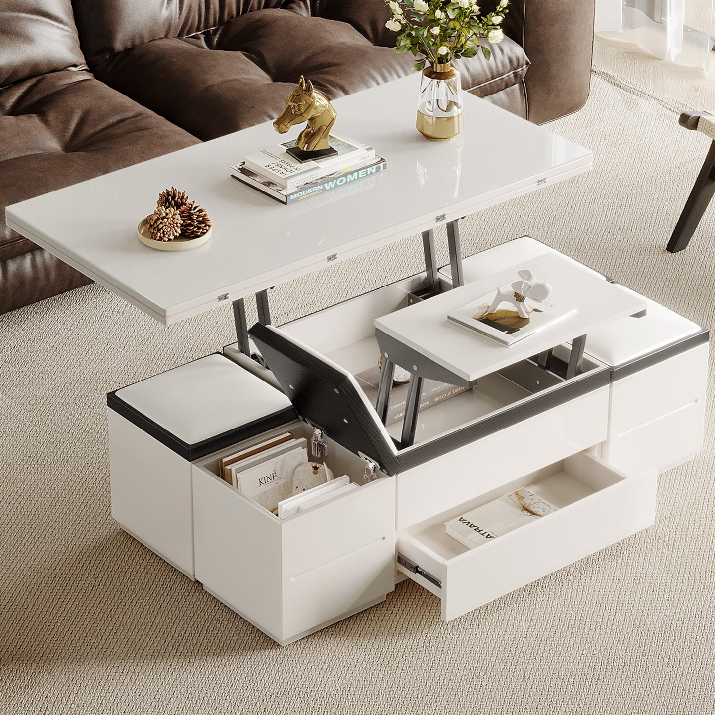 Guyii Extendable Coffee Table with 4 Storage Stools, Multifunctional Lift Top Folding Dining Table for Living Room|G520-UK