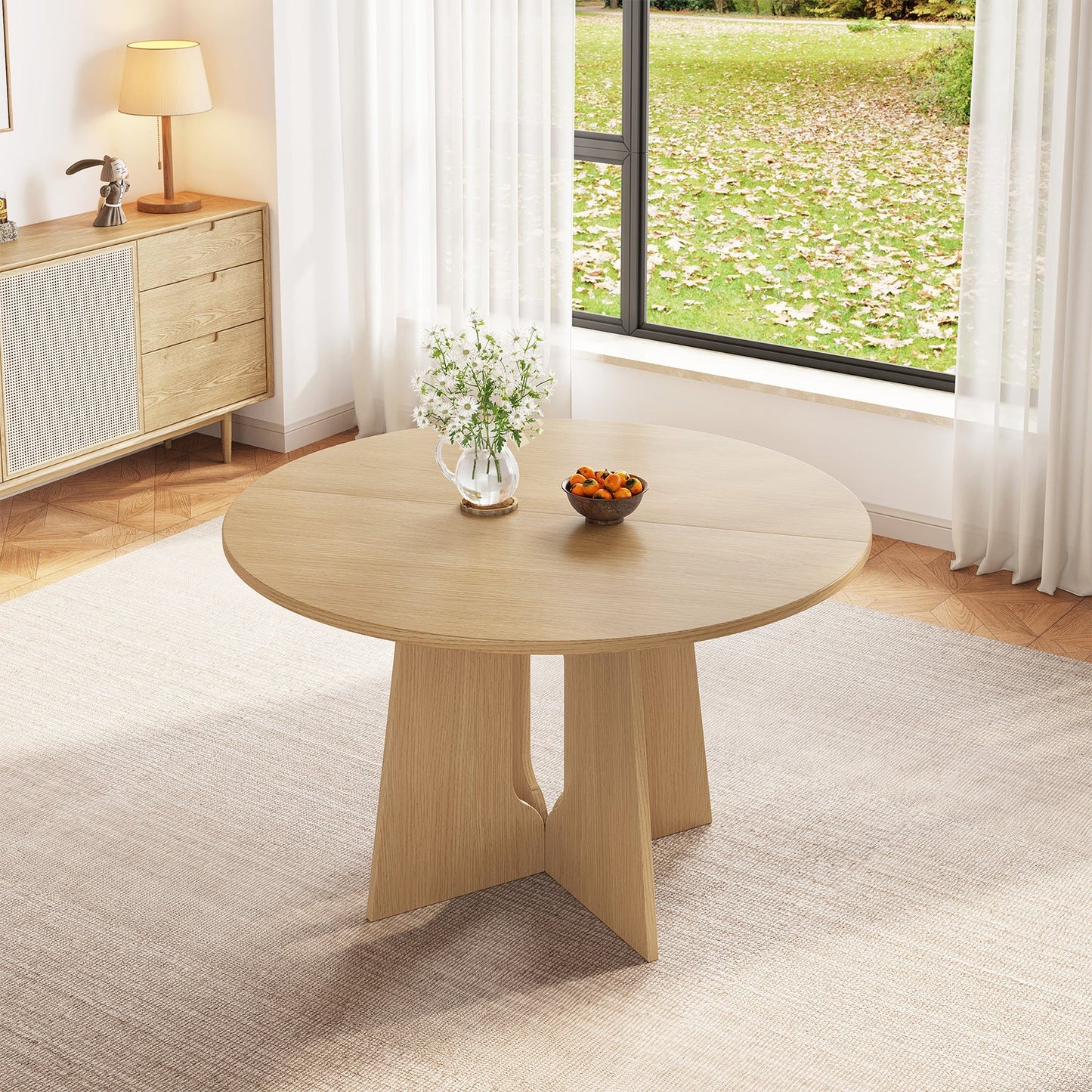 Guyii wood color round dining table for 4 people with X-shaped legs for restaurant breakfast nook