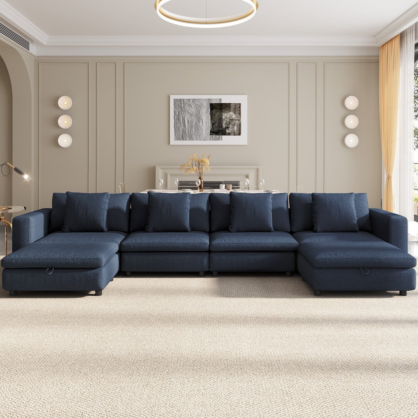 Guyii Oversized Sectional Sofa with Storage Ottoman, 4-9 Deep Seat Modular Couch for Living Room, Blue Fabric