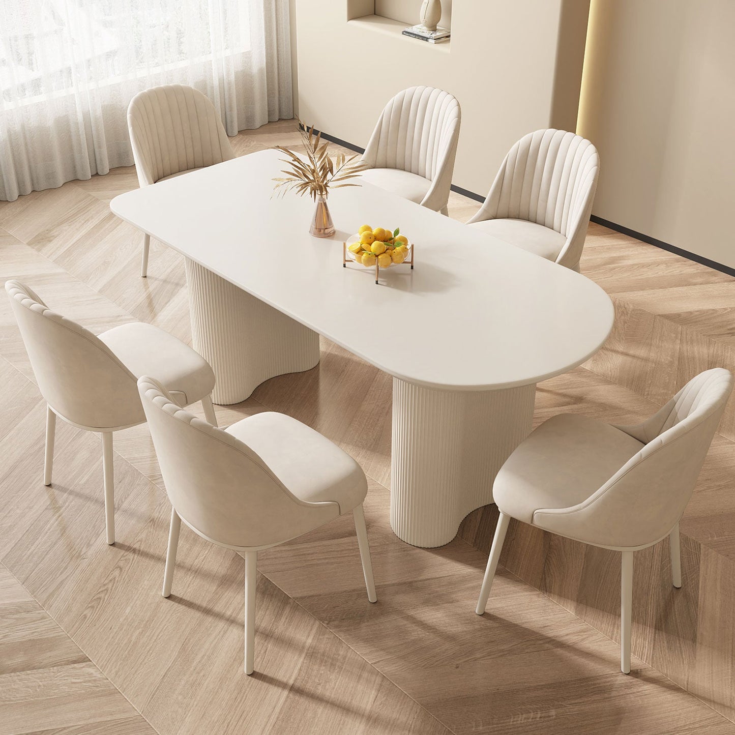 Guyii 54.52" White Dining Table Set with 6 Chairs, Modern Kitchen Table Set