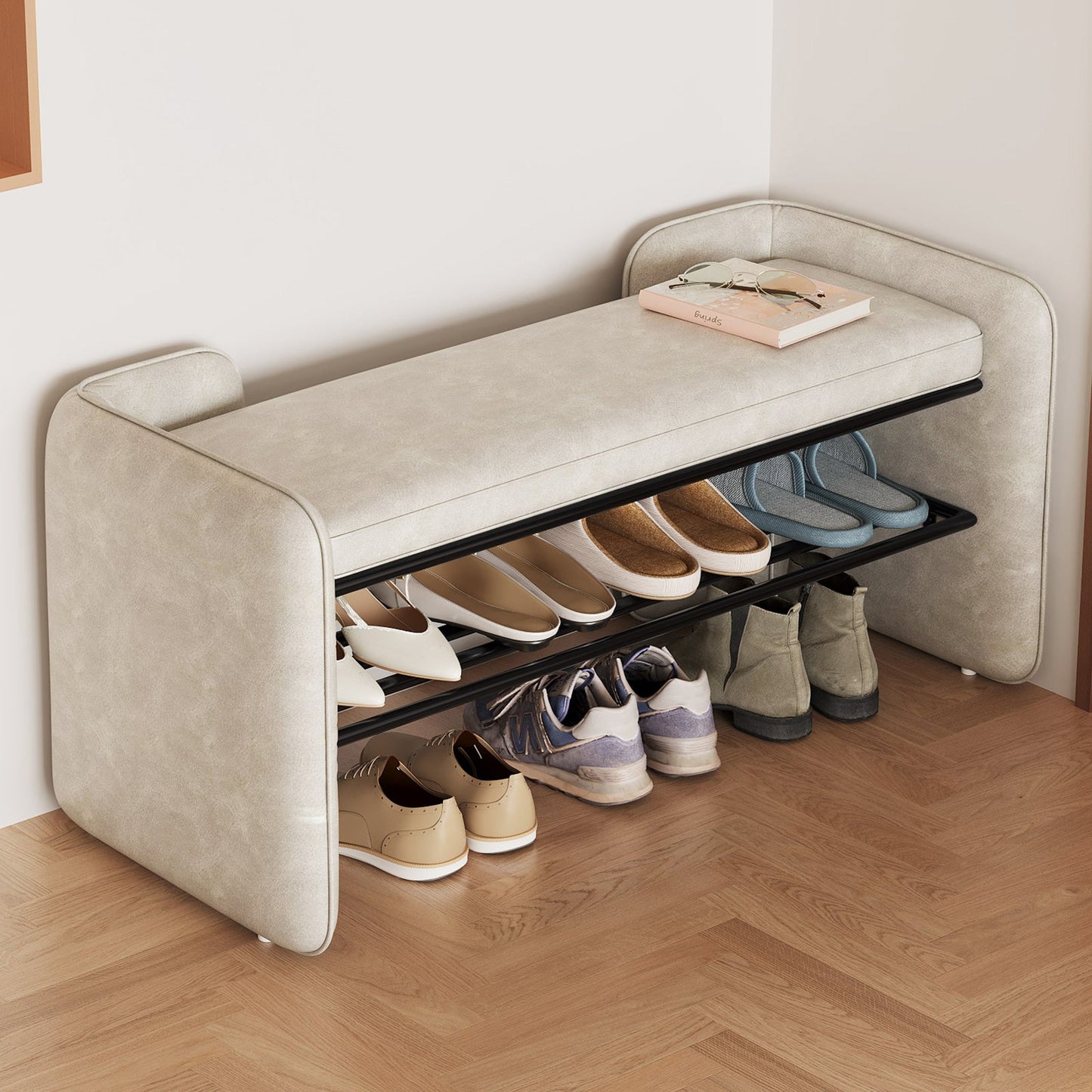 Guyii 47" Entryway Shoe Bench with Cushion, 1-Tier Storage Shelf & Hidden Compartment