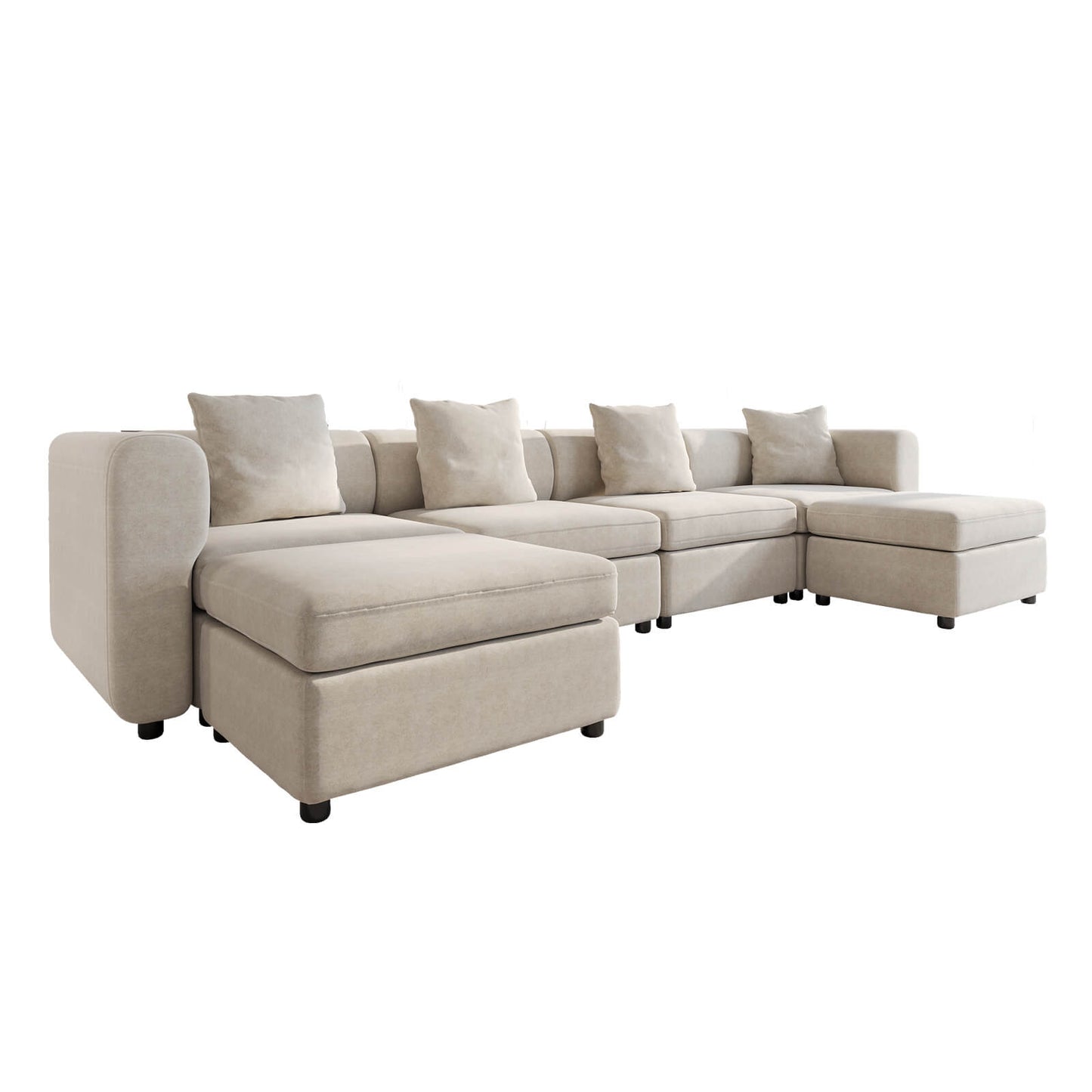 Guyii Beige Velvet Sectional Sofa, Modern Oversized 6-Seater Couch with 4 Pillows and 2 Storage Ottomans