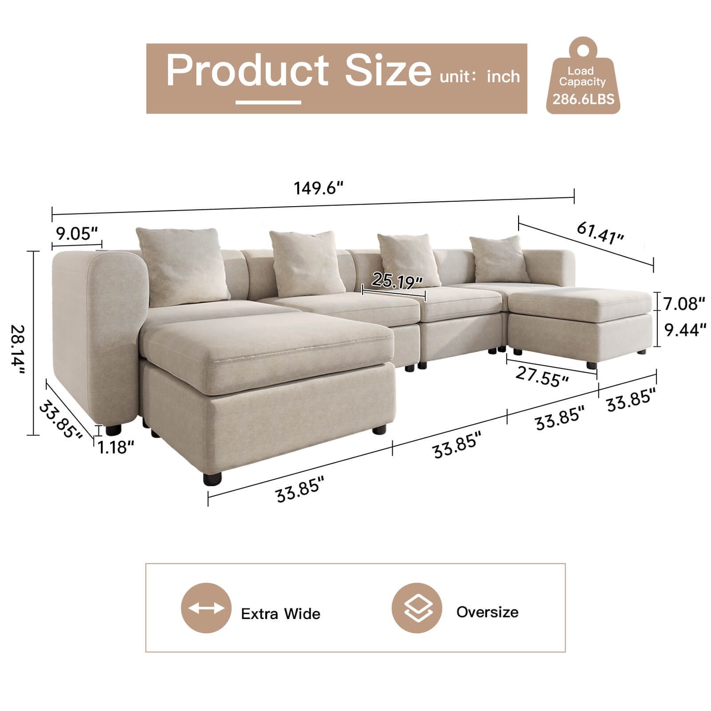 Guyii Beige Velvet Sectional Sofa, Modern Oversized 6-Seater Couch with 4 Pillows and 2 Storage Ottomans
