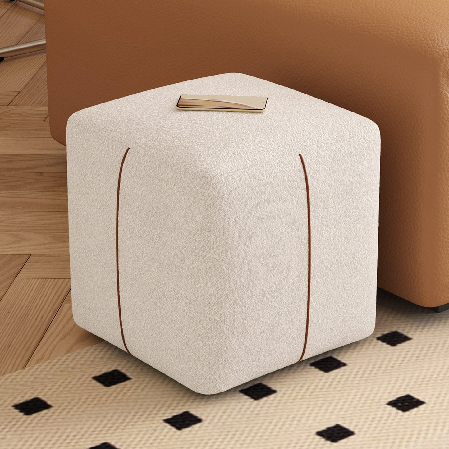 Guyii Beige Square Stool – Modern Upholstered Low Ottoman for Bedroom, Living Room, Entryway