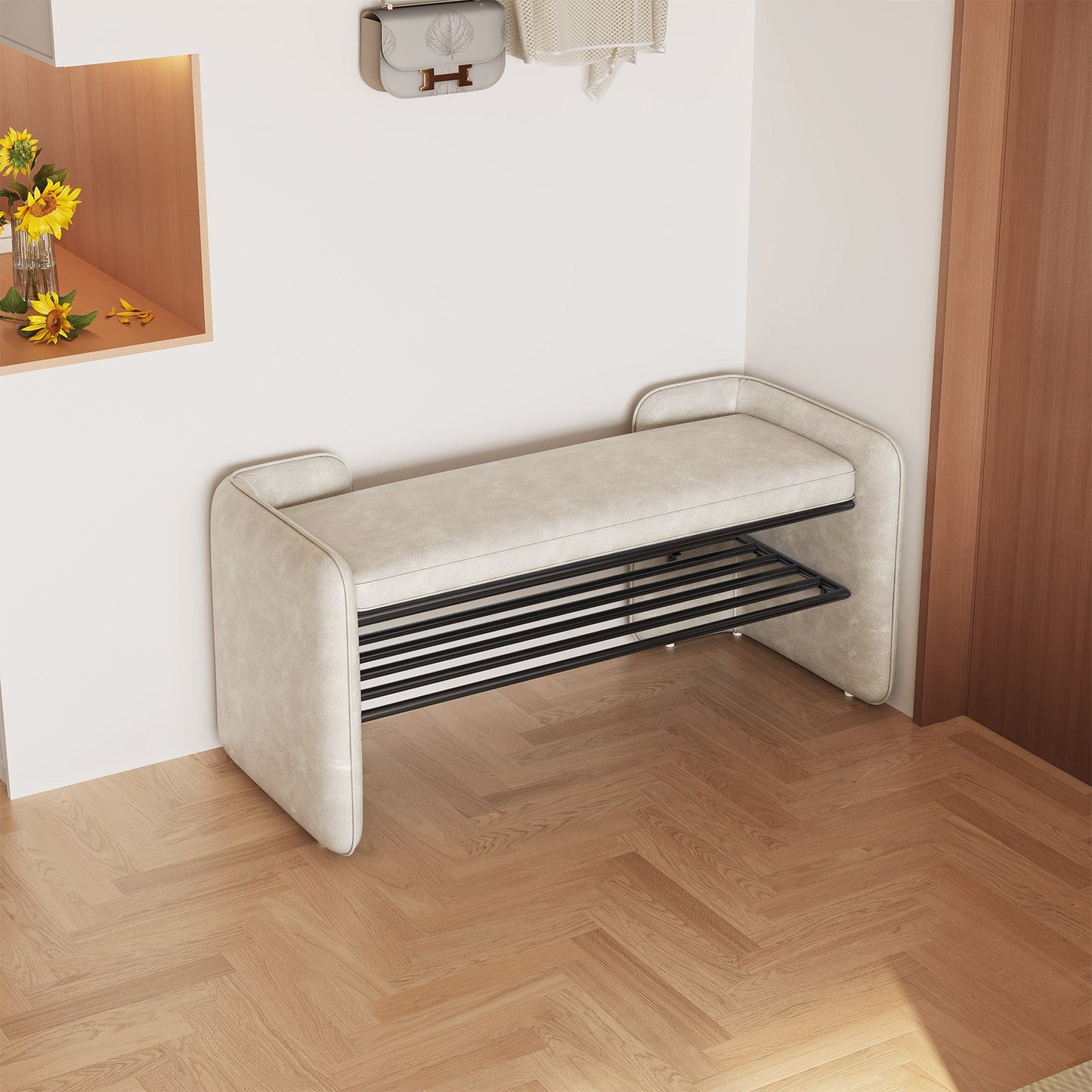Guyii 47" Entryway Shoe Bench with Cushion, 1-Tier Storage Shelf & Hidden Compartment