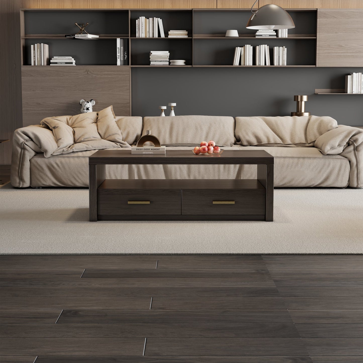 Guyii Walnut Brown Coffee Table with Storage, 47", 2 Drawers & Open Shelf