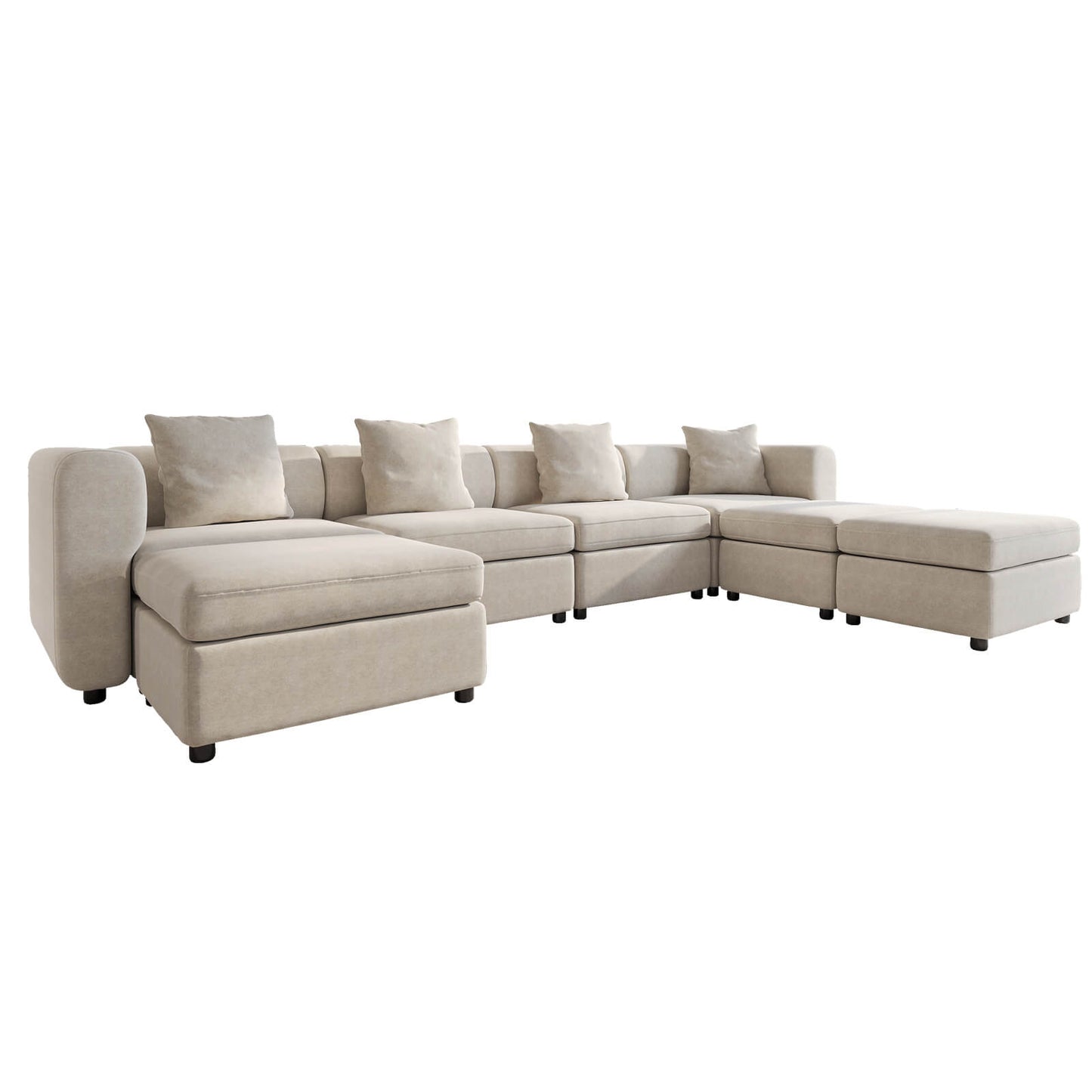Guyii Beige Velvet Sectional Sofa, Modern Oversized 7-Seater Couch with 4 Pillows and 3 Storage Ottomans