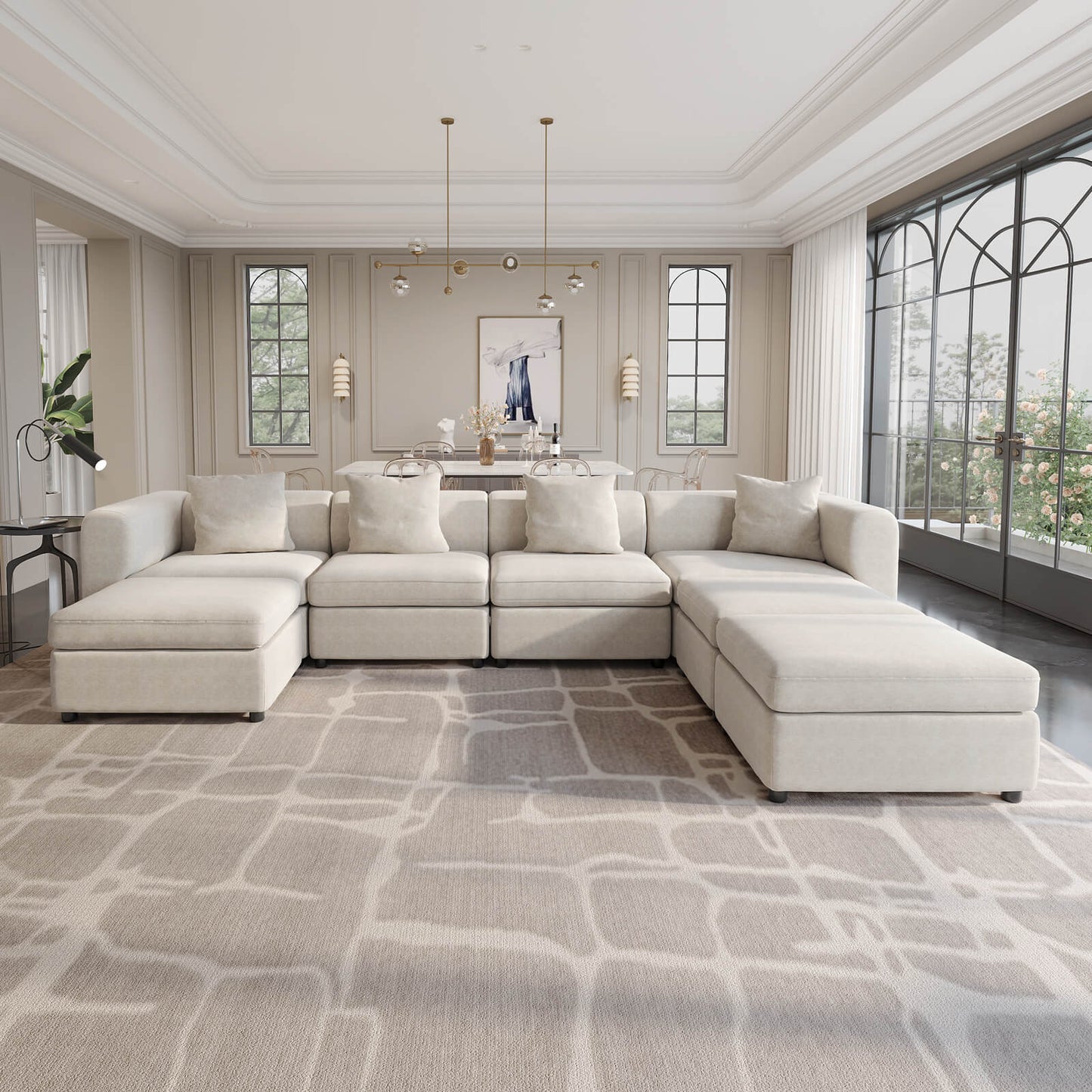 Guyii Beige Velvet Sectional Sofa, Modern Oversized 7-Seater Couch with 4 Pillows and 3 Storage Ottomans