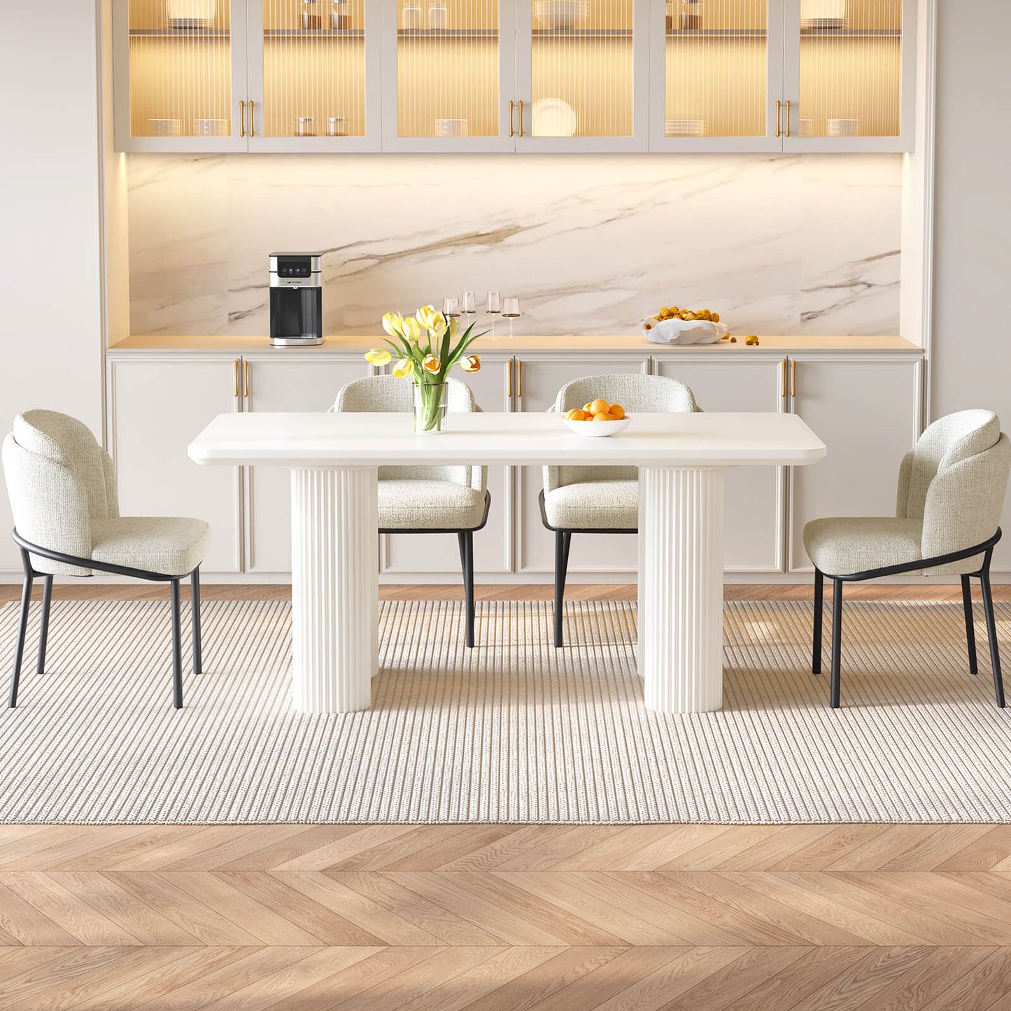 Guyii White Dining Table Set, Modern Rectangular Kitchen Table with 4-8 Chairs