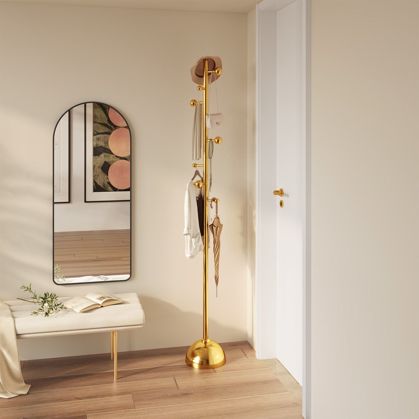 Guyii Gold Metal Coat or Hat Rack Stand Freestanding, with Metal Base