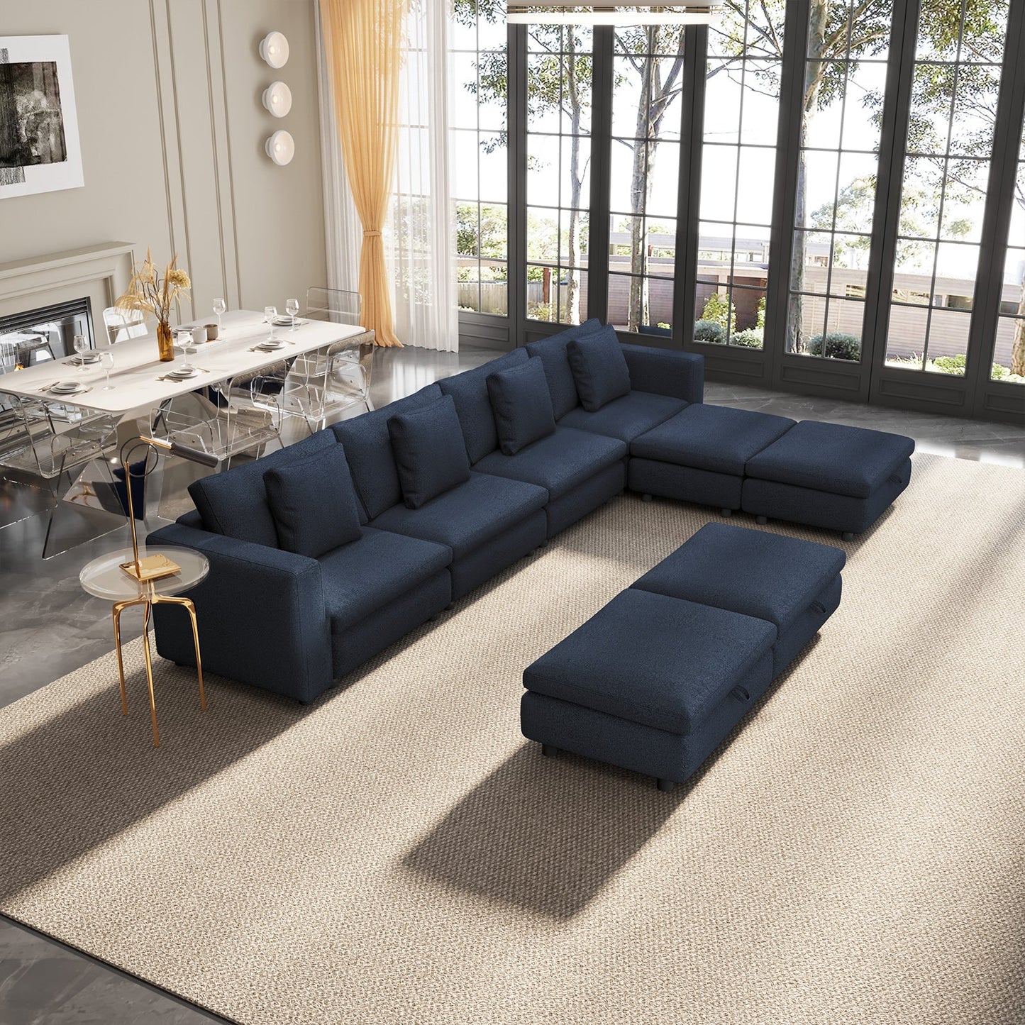 Guyii Oversized Sectional Sofa with Storage Ottoman, 4-9 Deep Seat Modular Couch for Living Room, Blue Fabric