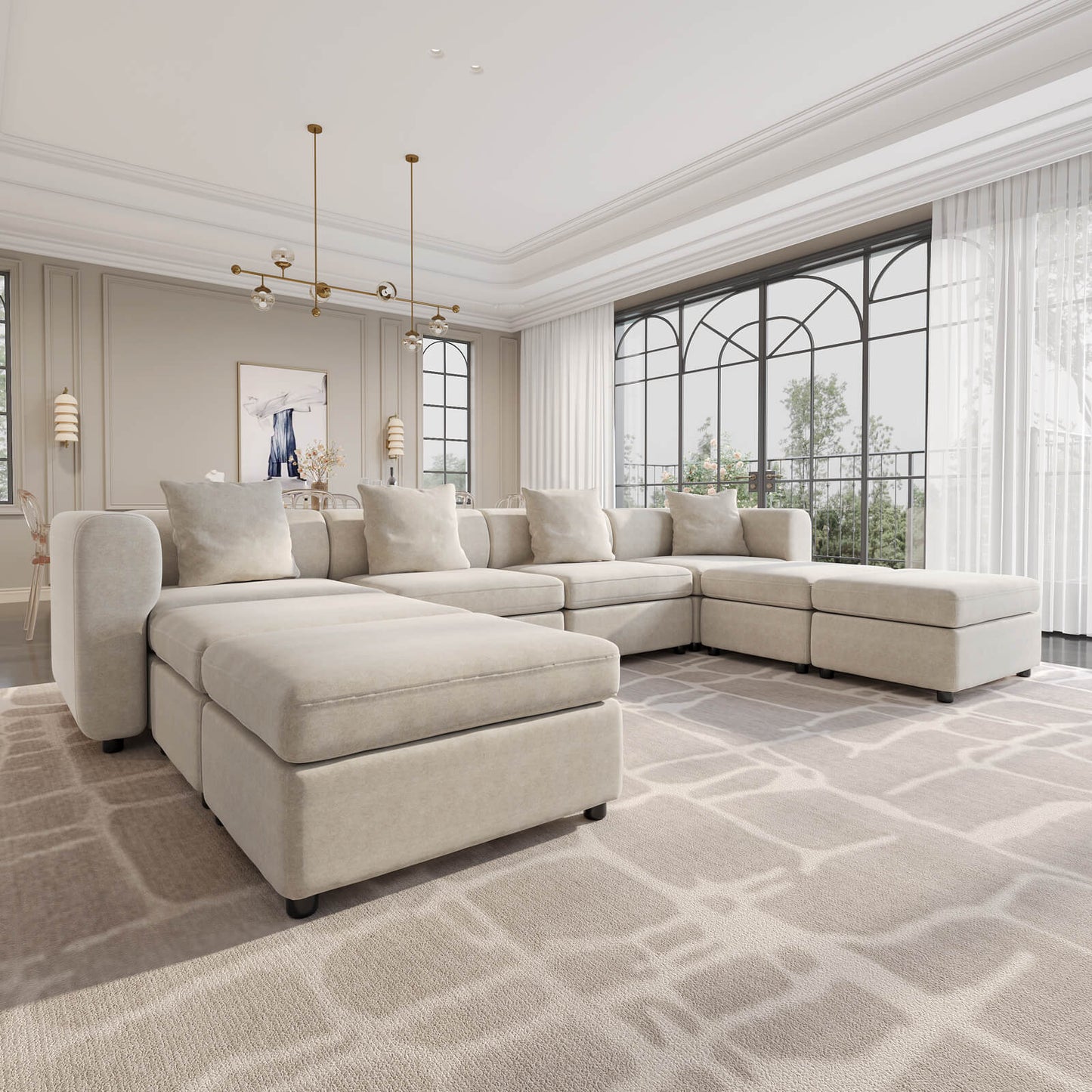 Guyii Beige Velvet Sectional Sofa, Modern Oversized 8-Seater Couch with 4 Pillows and 4 Storage Ottomans