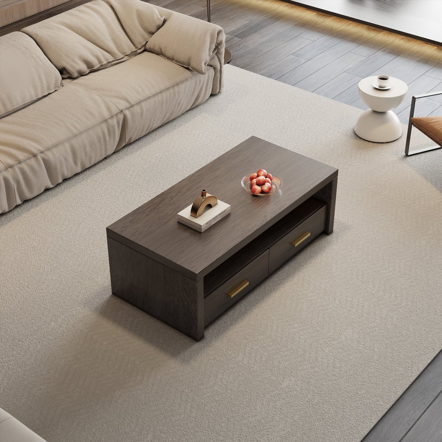 Guyii Walnut Brown Coffee Table with Storage, 47", 2 Drawers & Open Shelf