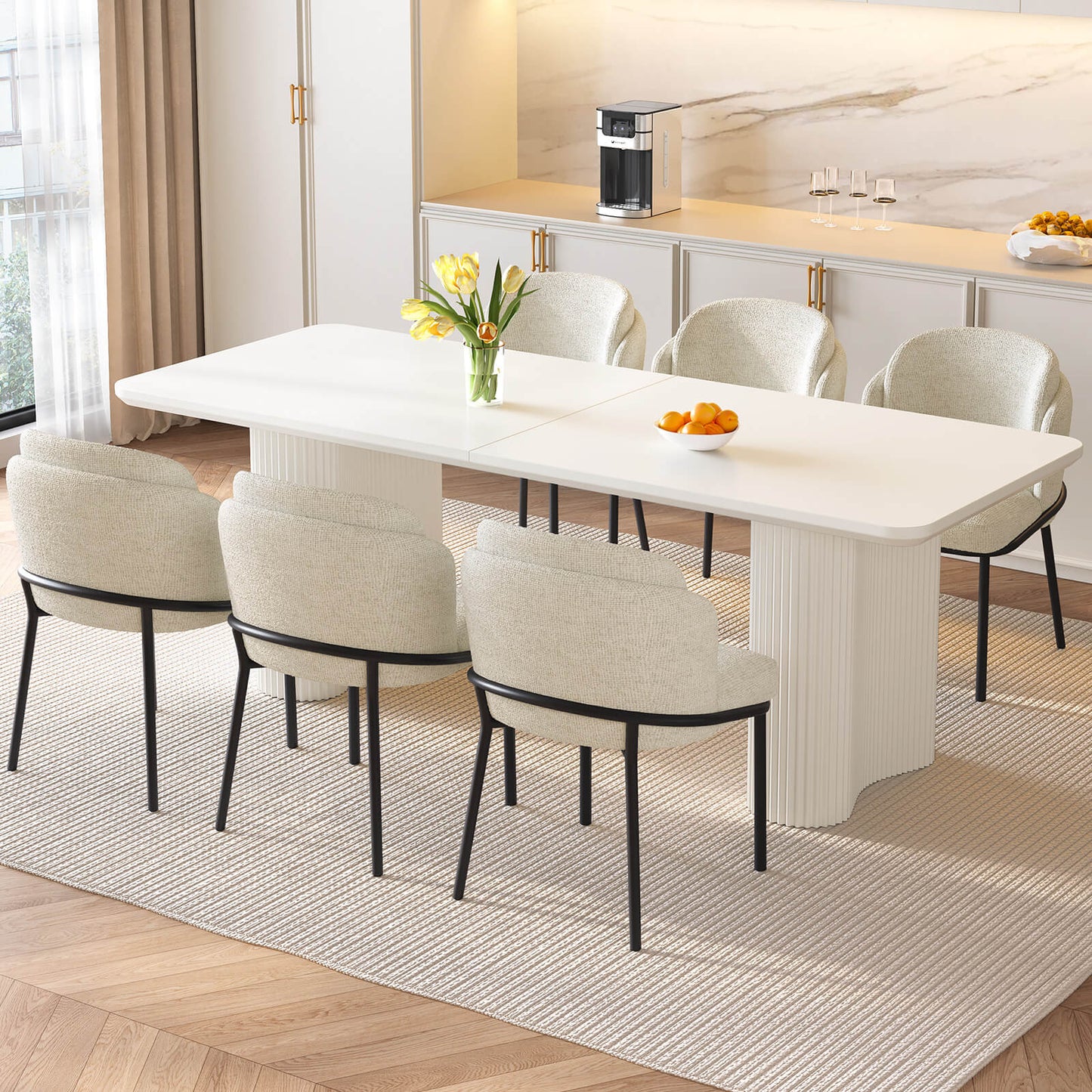 Guyii White Dining Table Set, Modern Rectangular Kitchen Table with 4-8 Chairs