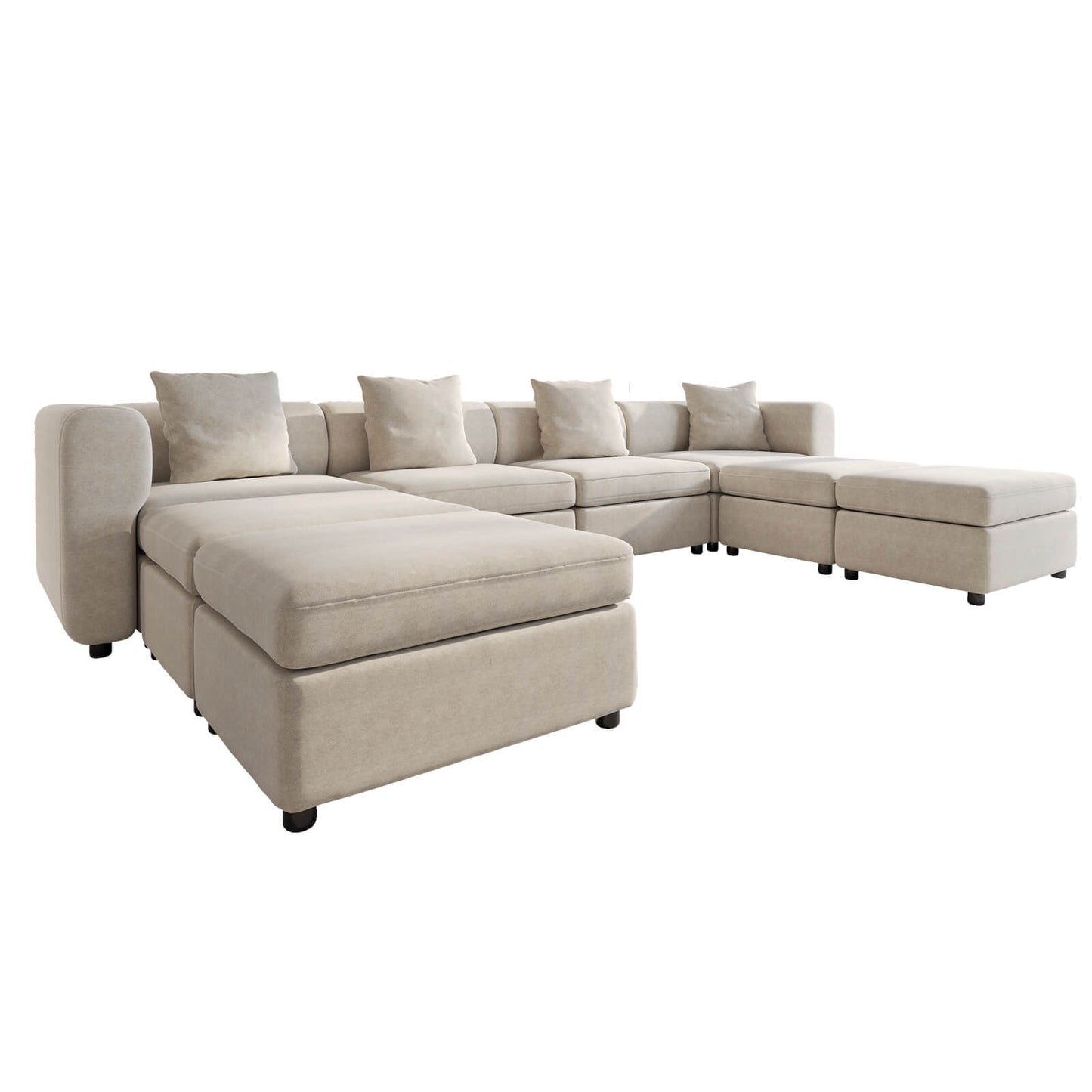 Guyii Beige Velvet Sectional Sofa, Modern Oversized 8-Seater Couch with 4 Pillows and 4 Storage Ottomans