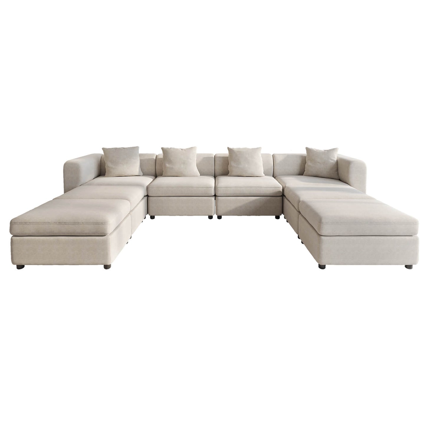 Guyii Beige Velvet Sectional Sofa, Modern Oversized 8-Seater Couch with 4 Pillows and 4 Storage Ottomans