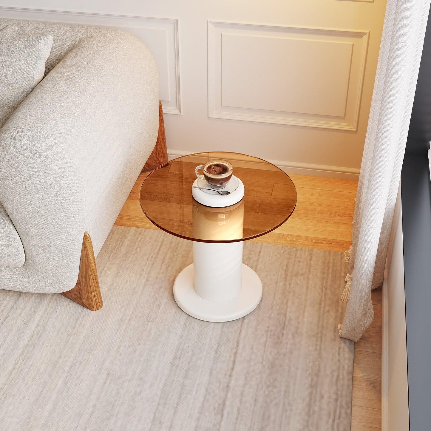 Guyii Round Nested Coffee Table Set, Creamy White & Glass Side Table for Living Room