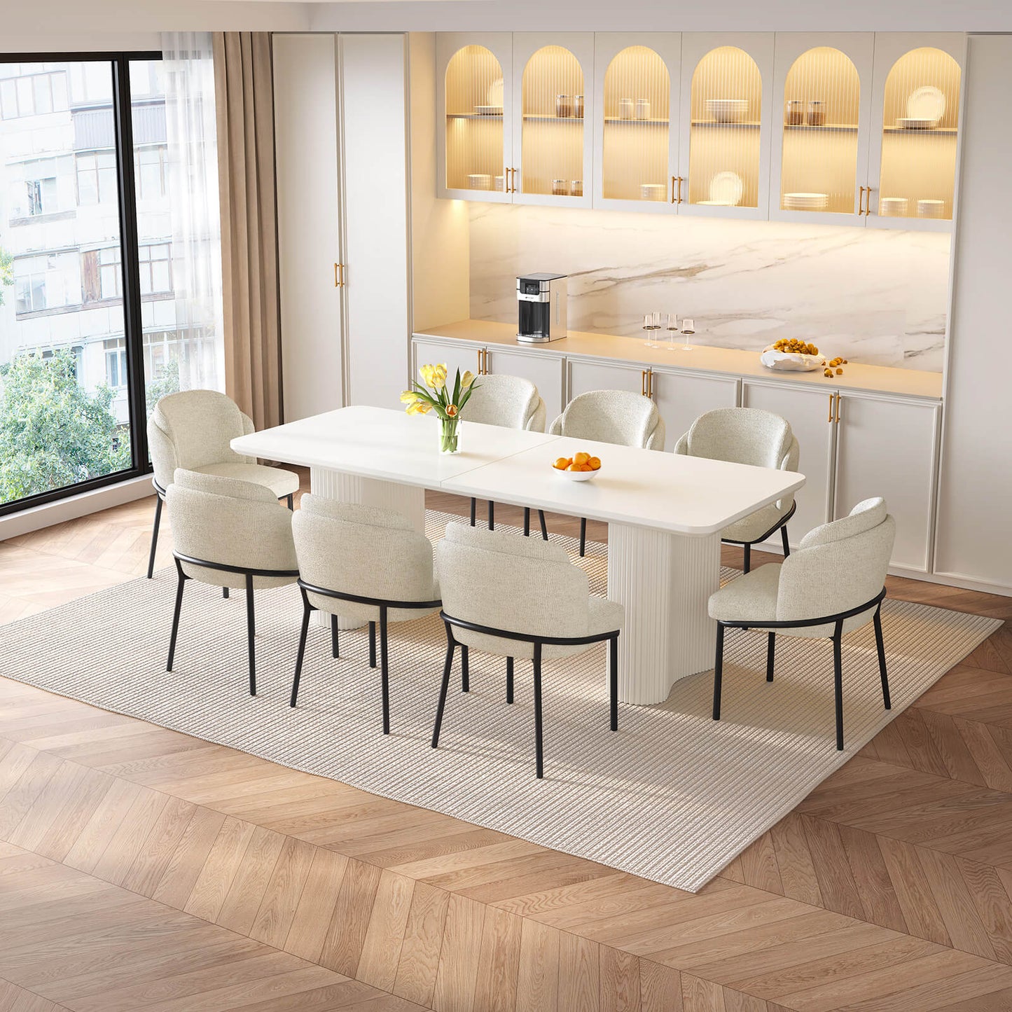 Guyii White Dining Table Set, Modern Rectangular Kitchen Table with 4-8 Chairs