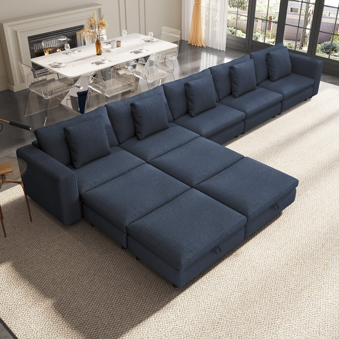 Guyii Oversized Sectional Sofa with Storage Ottoman, 4-9 Deep Seat Modular Couch for Living Room, Blue Fabric