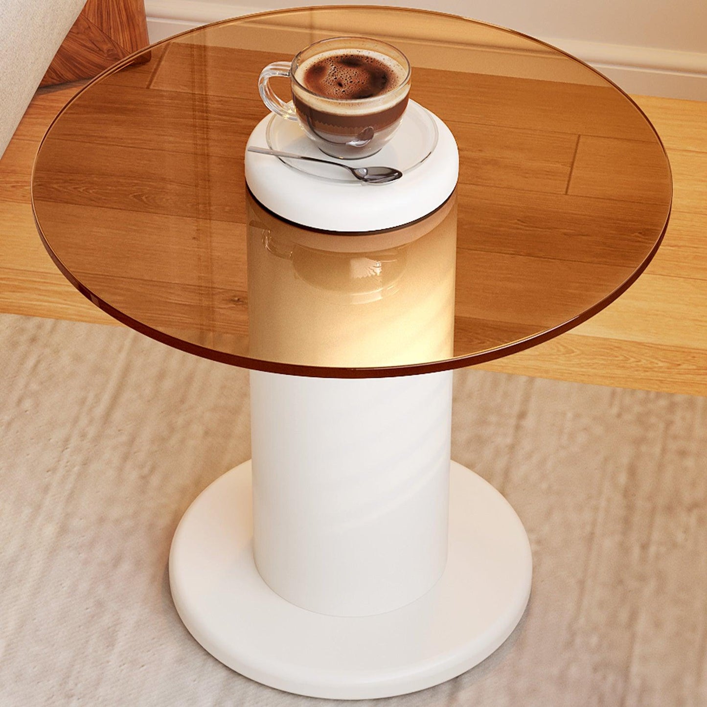 Guyii Round Nested Coffee Table Set, Creamy White & Glass Side Table for Living Room