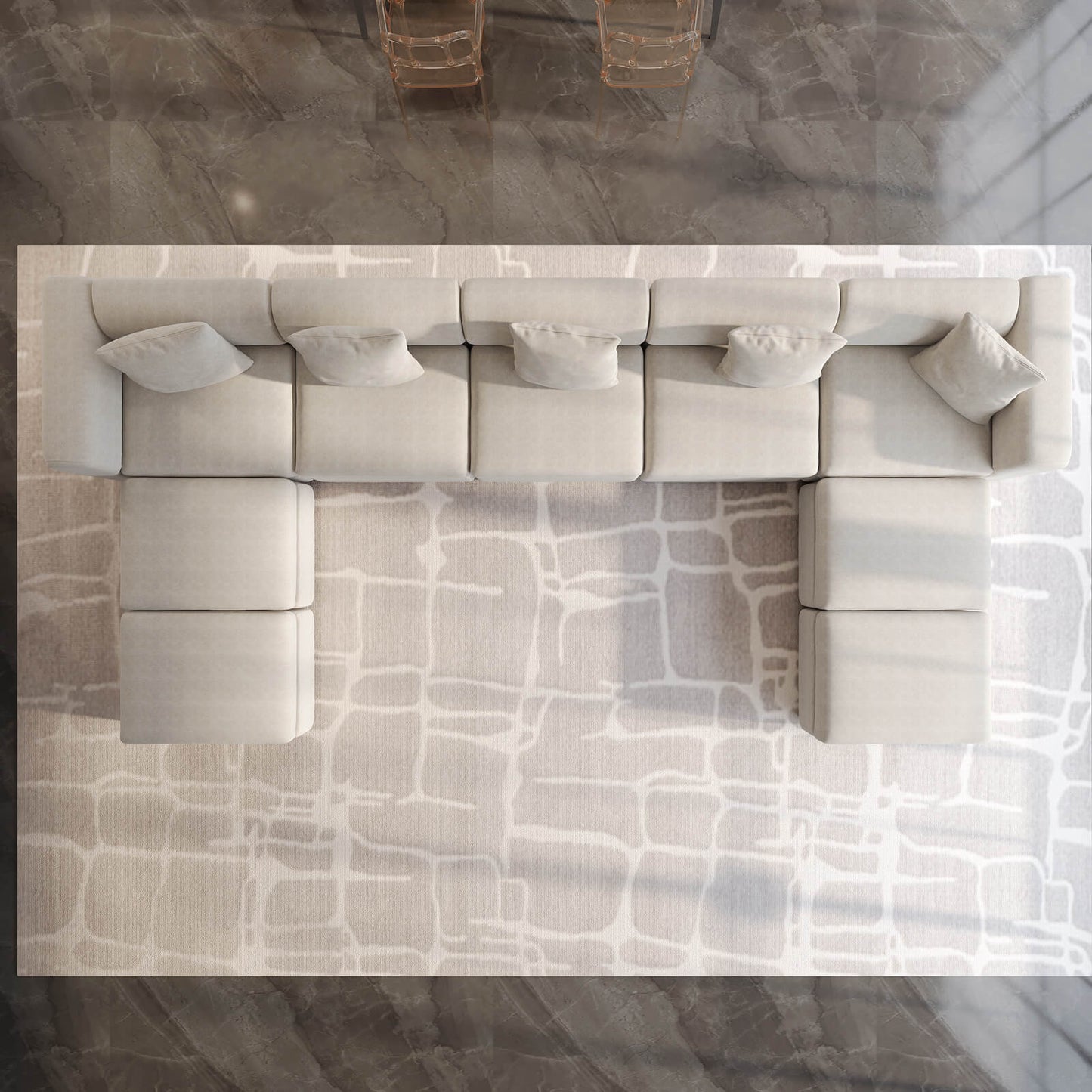 Guyii Beige Velvet Sectional Sofa, Oversized 9-Seater Couch with 5 Pillows and 4 Storage Ottomans