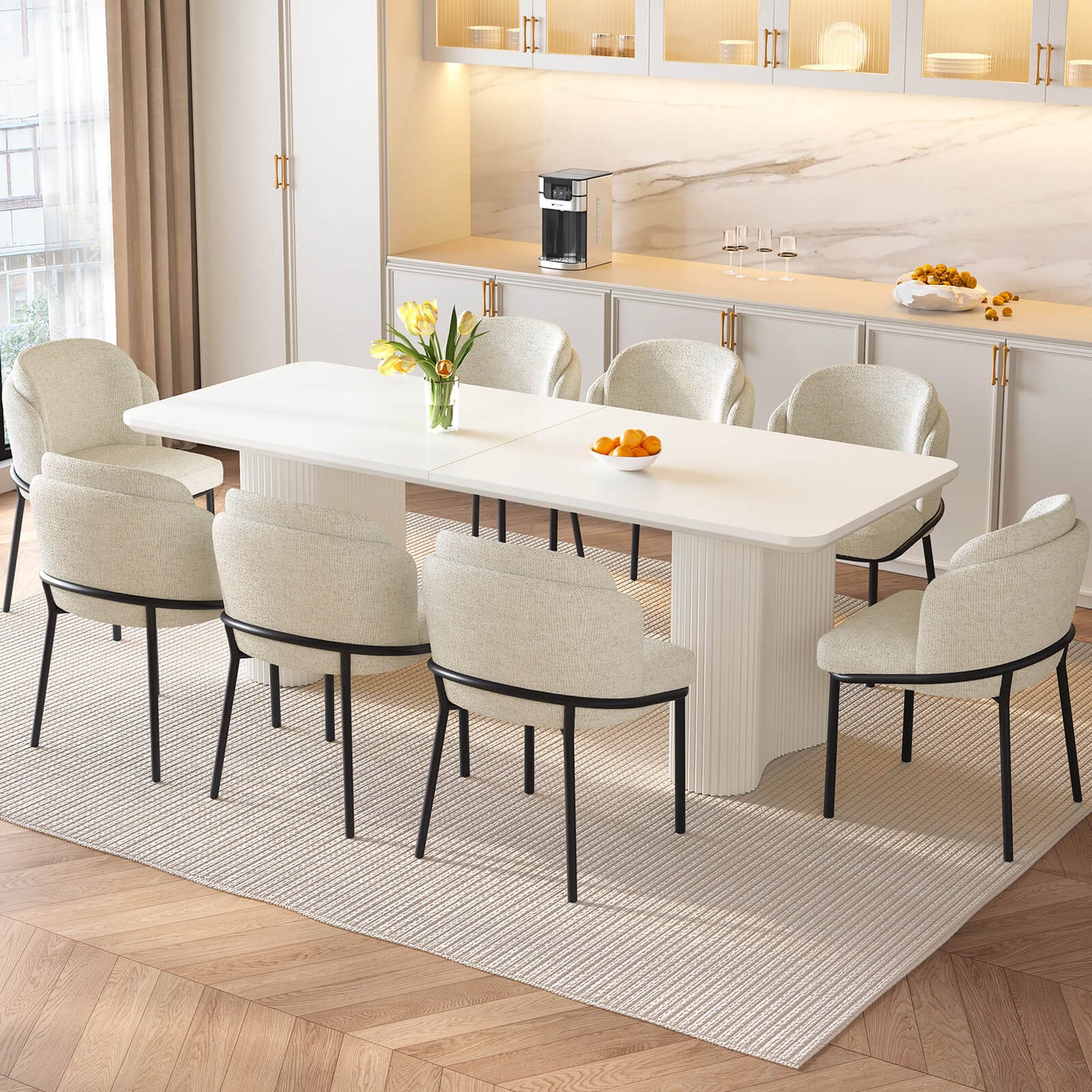 Guyii White Dining Table Set, Modern Rectangular Kitchen Table with 4-8 Chairs
