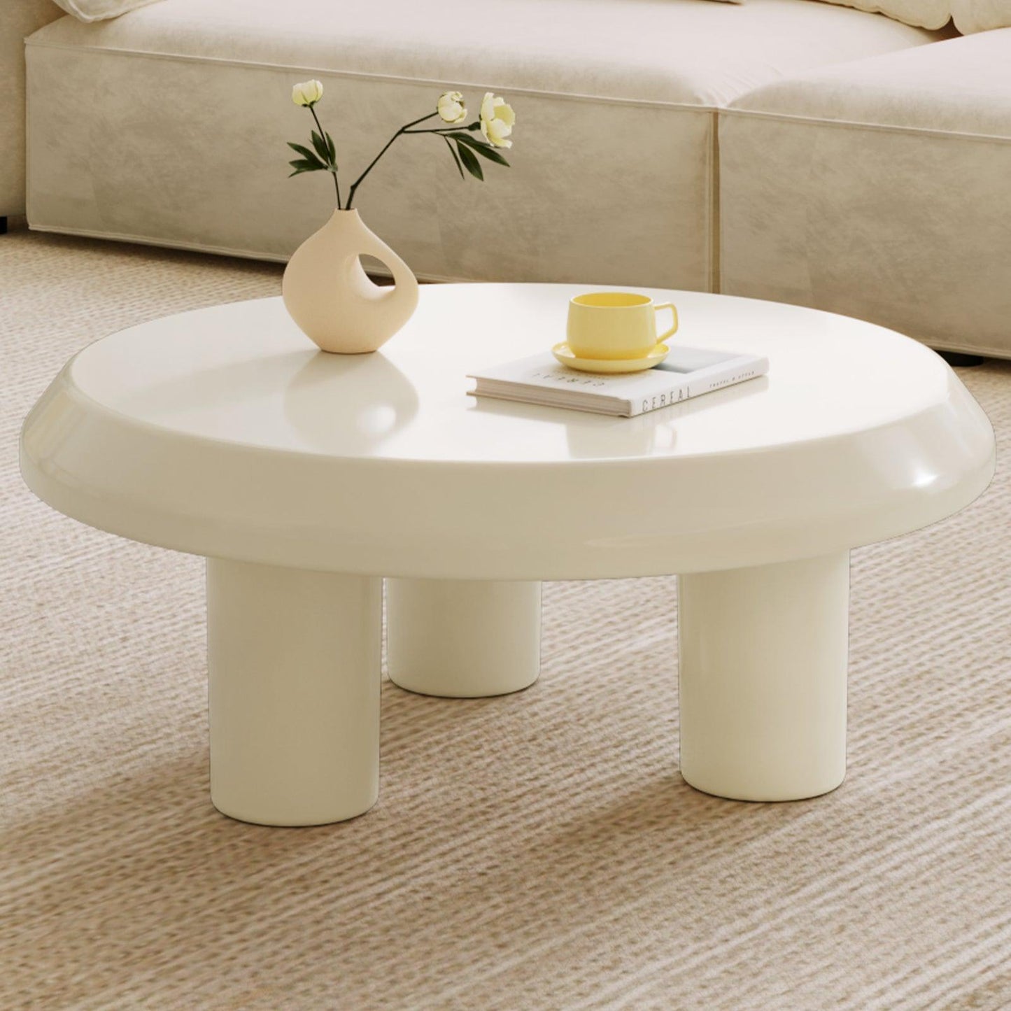 Guyii Cream White Round Coffee Table, Modern Living Room Center Table