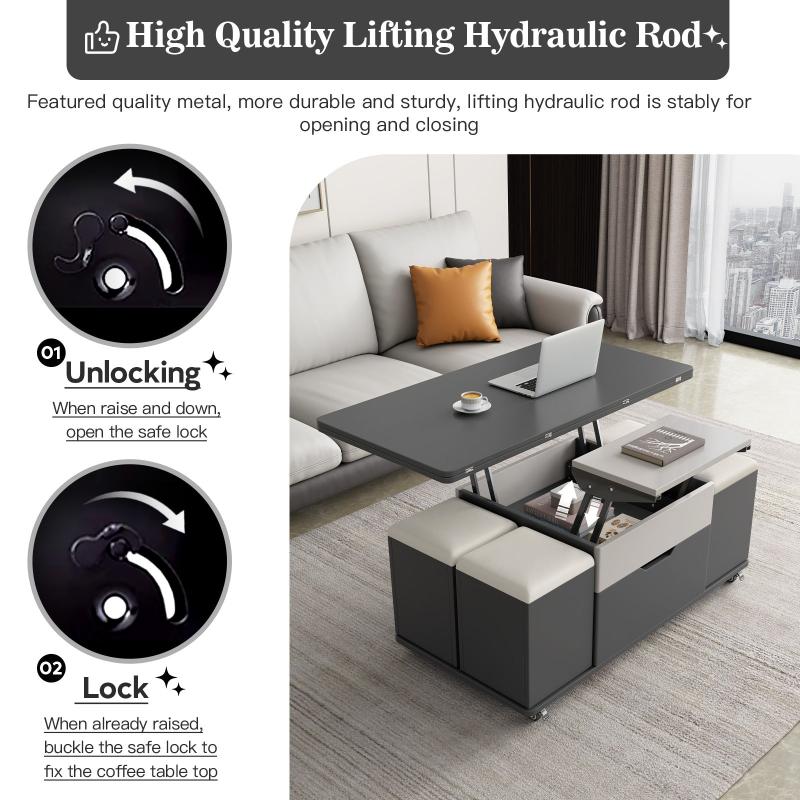 Guyii 47.24" Lift Top Coffee Table with 4 Storage Stools, Expandable Dining Table for Living Room