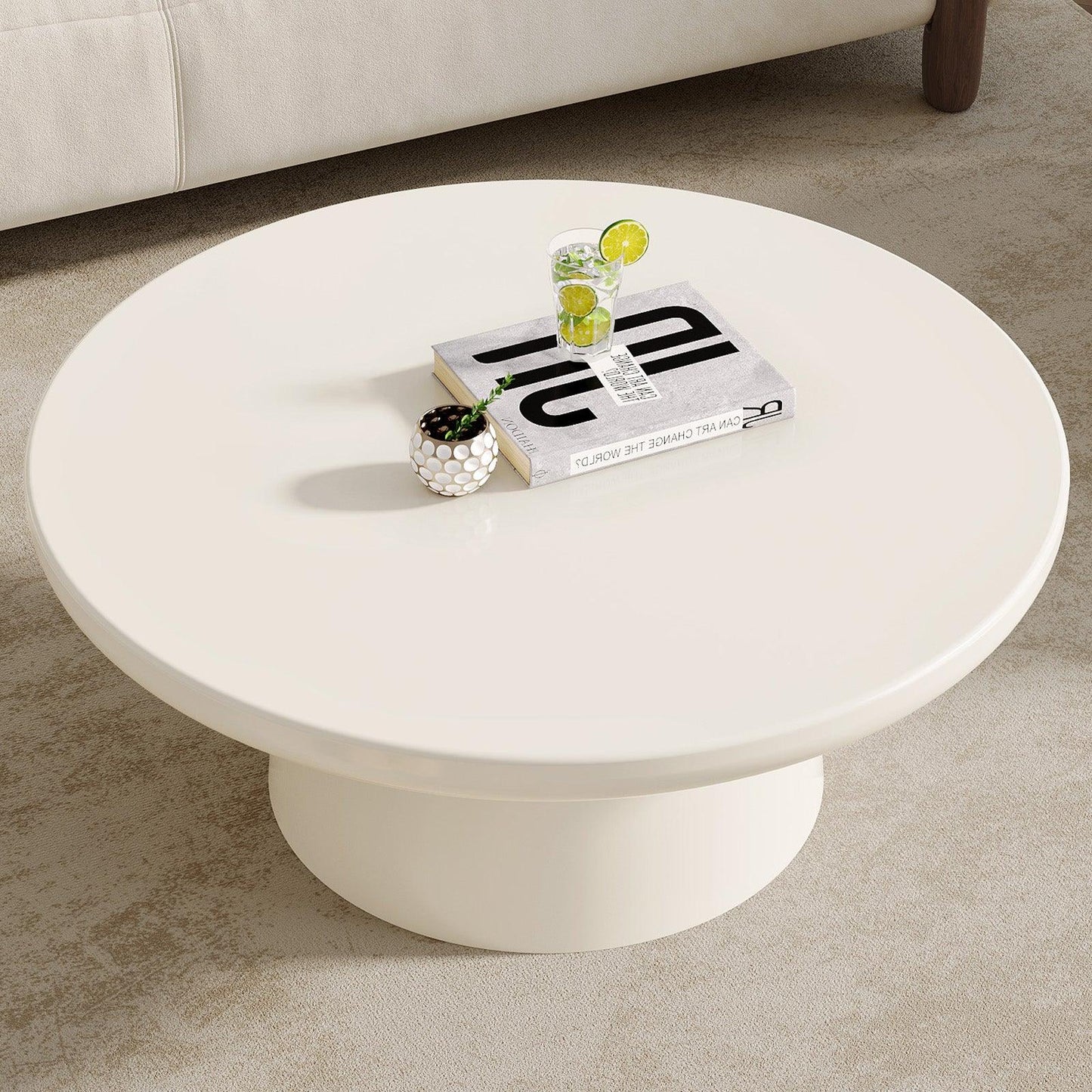 Guyii Round Coffee Table, Creamy White Modern Center Table for Living Room