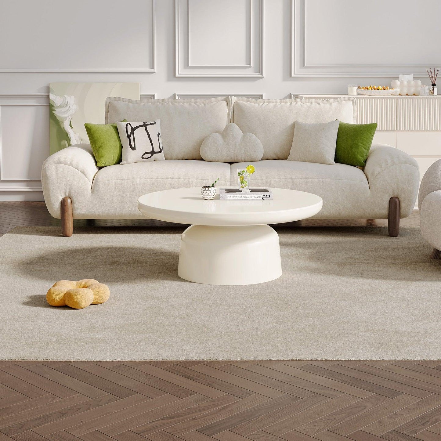 Guyii Round Coffee Table, Creamy White Modern Center Table for Living Room