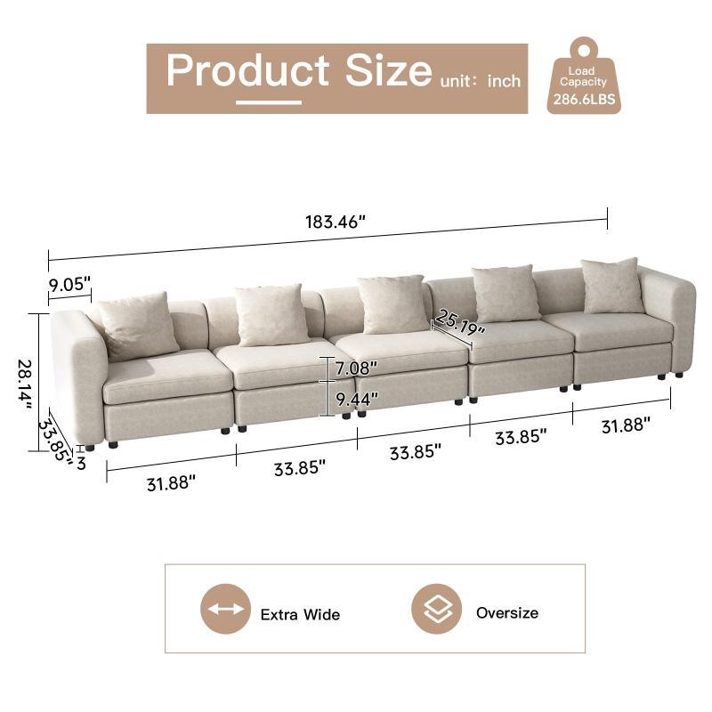Guyii Velvet Sectional Sofa, Modern Oversized 2-5 Seat Sofa with Pillow (No Ottoman)