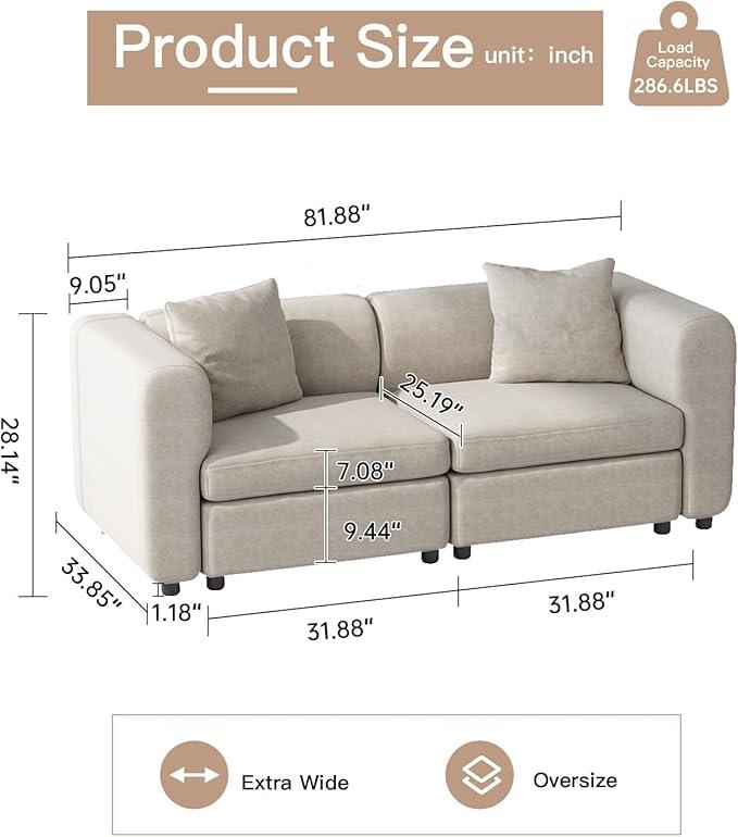Guyii Velvet Sectional Sofa, Modern Oversized 2-5 Seat Sofa with Pillow (No Ottoman)