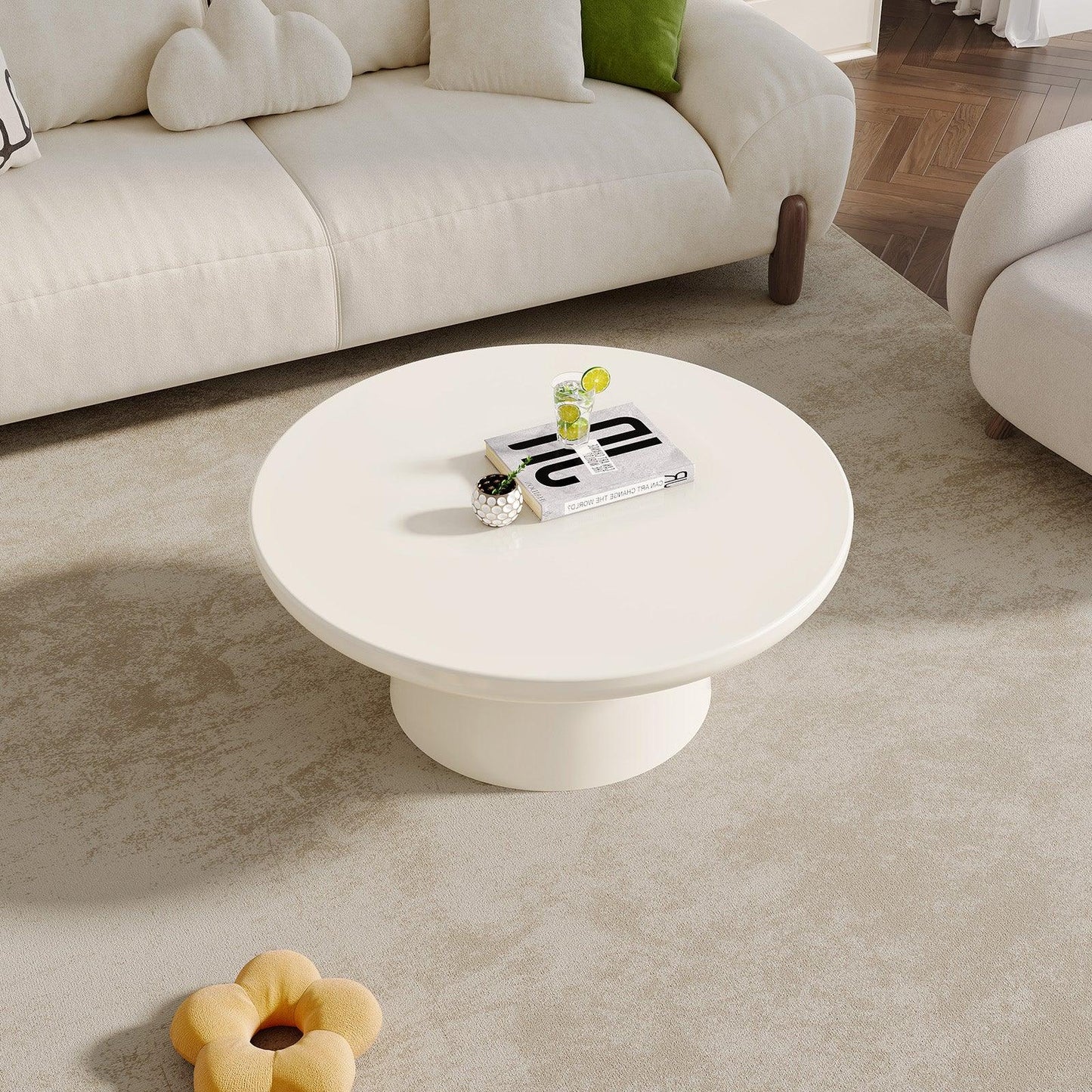 Guyii Round Coffee Table, Creamy White Modern Center Table for Living Room
