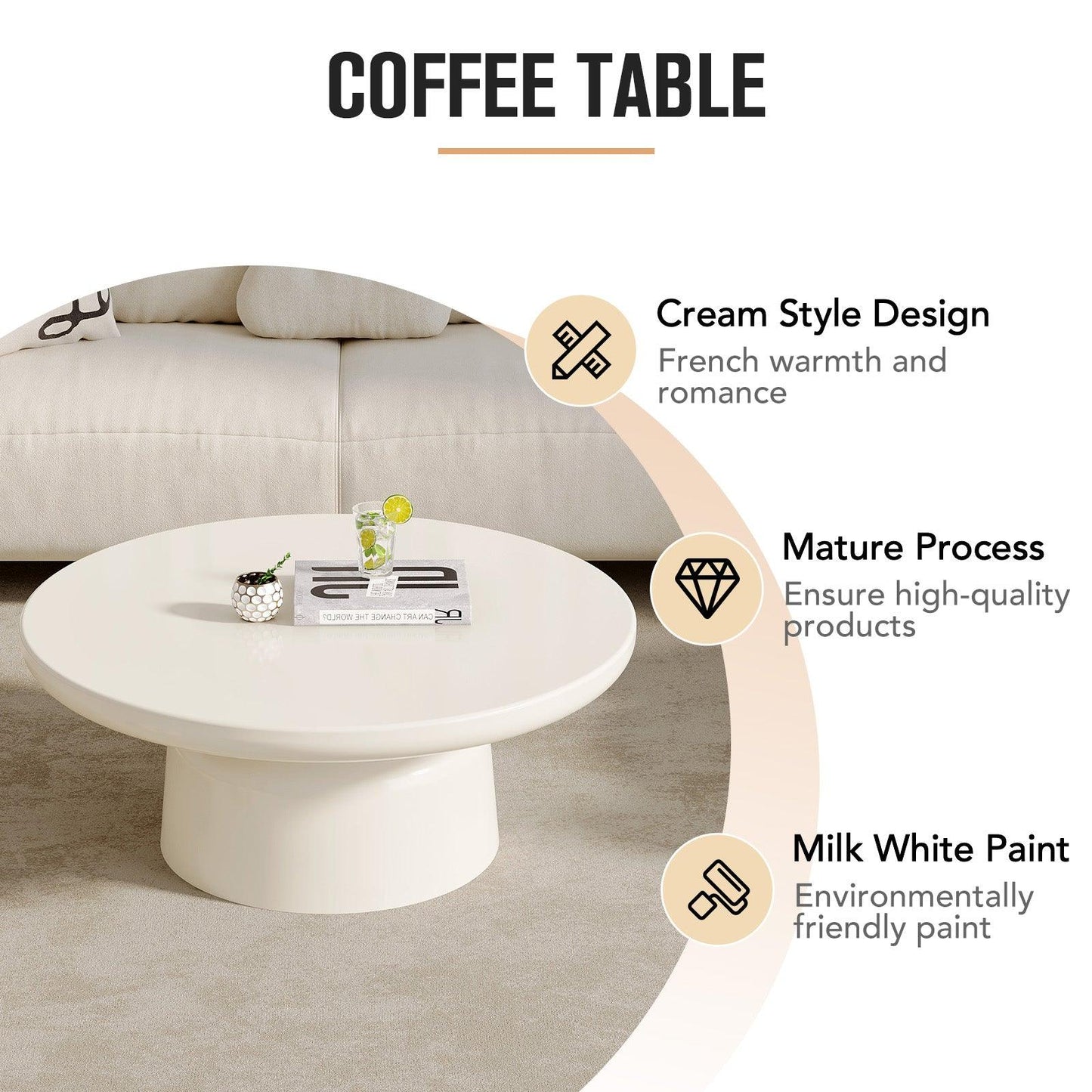 Guyii Round Coffee Table, Creamy White Modern Center Table for Living Room