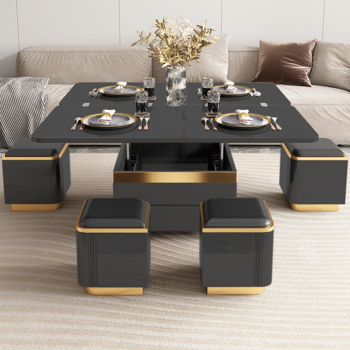Guyii 47" Multifunctional Lift Top Coffee Table, Extendable Coffee Table with 4 Storage Stools