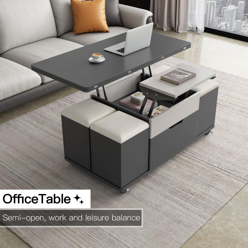 Guyii 47.24" Lift Top Coffee Table with 4 Storage Stools, Expandable Dining Table for Living Room